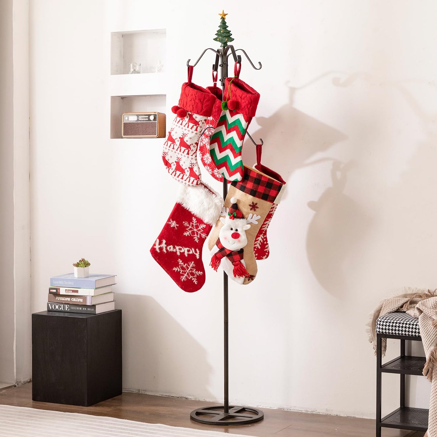 CaliDecor 67" H Freestanding Stocking Holder Stand, Christmas Metal Stocking Hanger for Floor with 8 Hooks, Stocking Stand with Cast Iron Christmas Tree Top for Holiday Decor