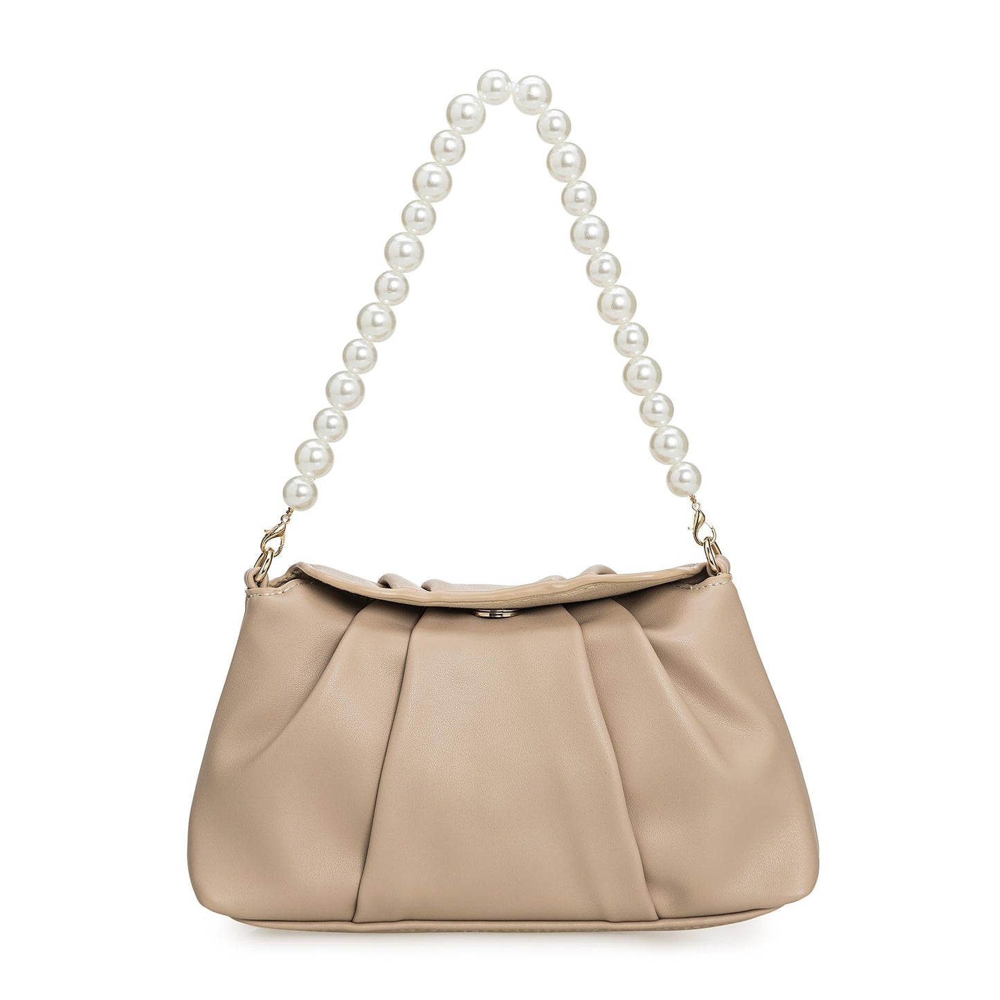 IXEBELLA PU Clutch Handbag for Women Evening Bag Formal Dressy Purse with Pearl Strap (Taupe)