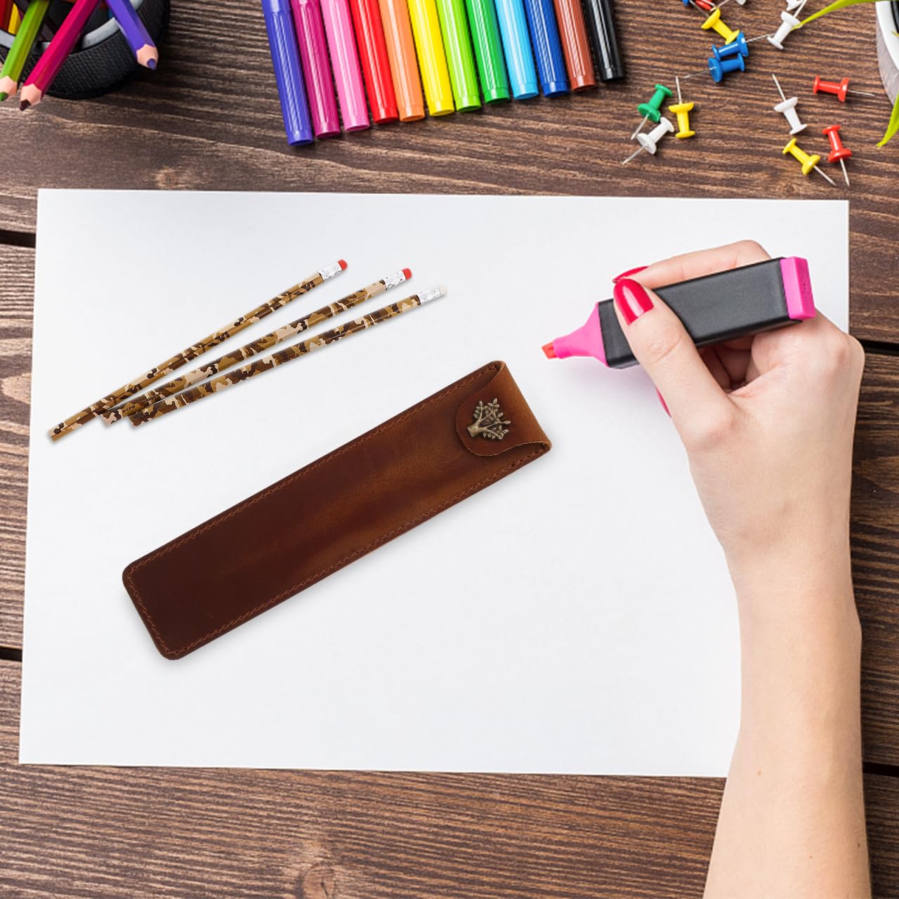 NUOBESTY Leather Pen Pouch Genuine Cowhide Single Pen Case Holder with Snap Button for Fountain Rollerball Ballpoint Pens 6.61X1.57X0.59In Office and School Use