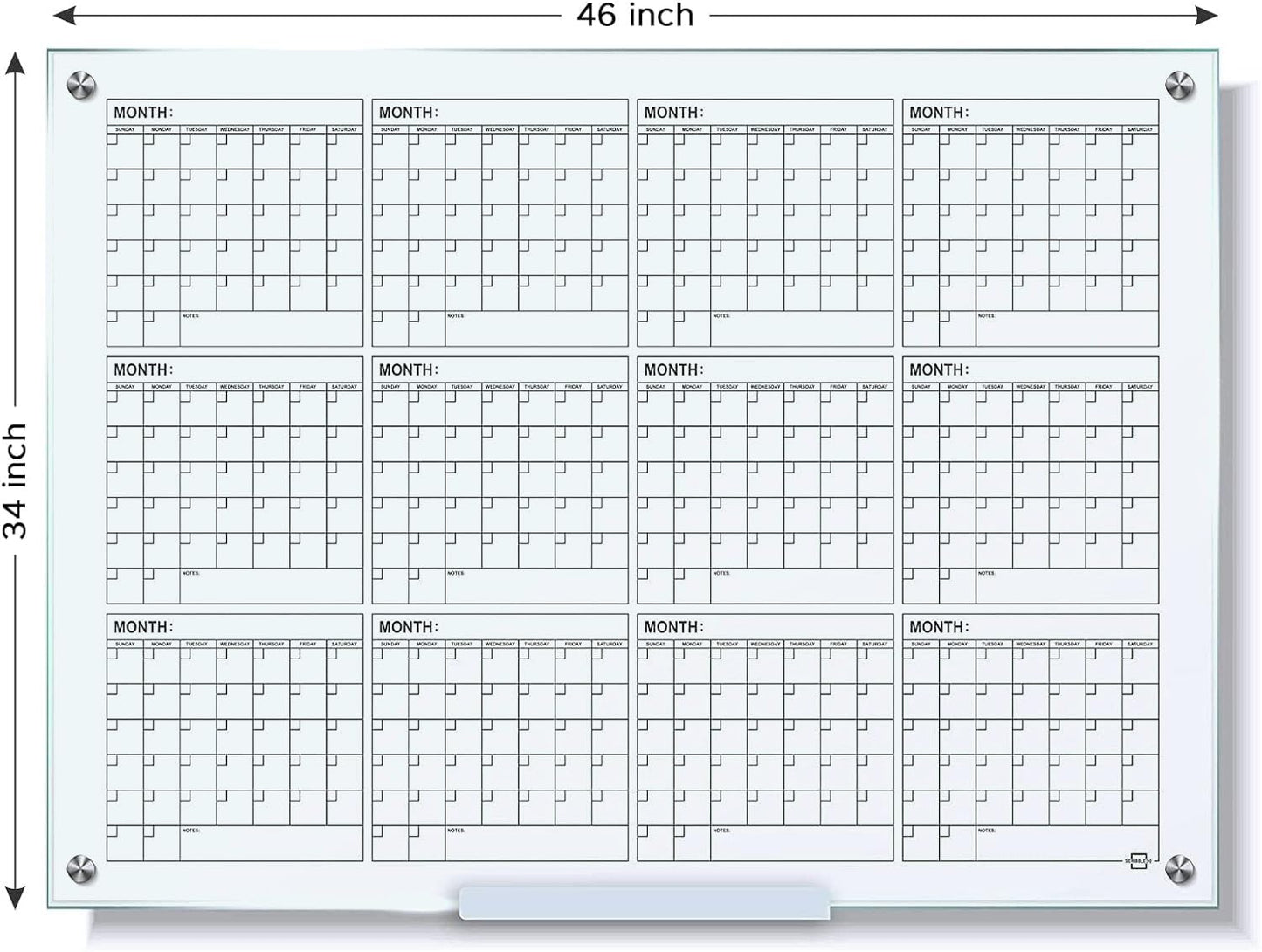 34"x46" Glass Whiteboard Calendar yearly Planner White Board 12 Month Dry Erase for Wall Glass Calendar Whiteboard Large Wall Calendar 2026