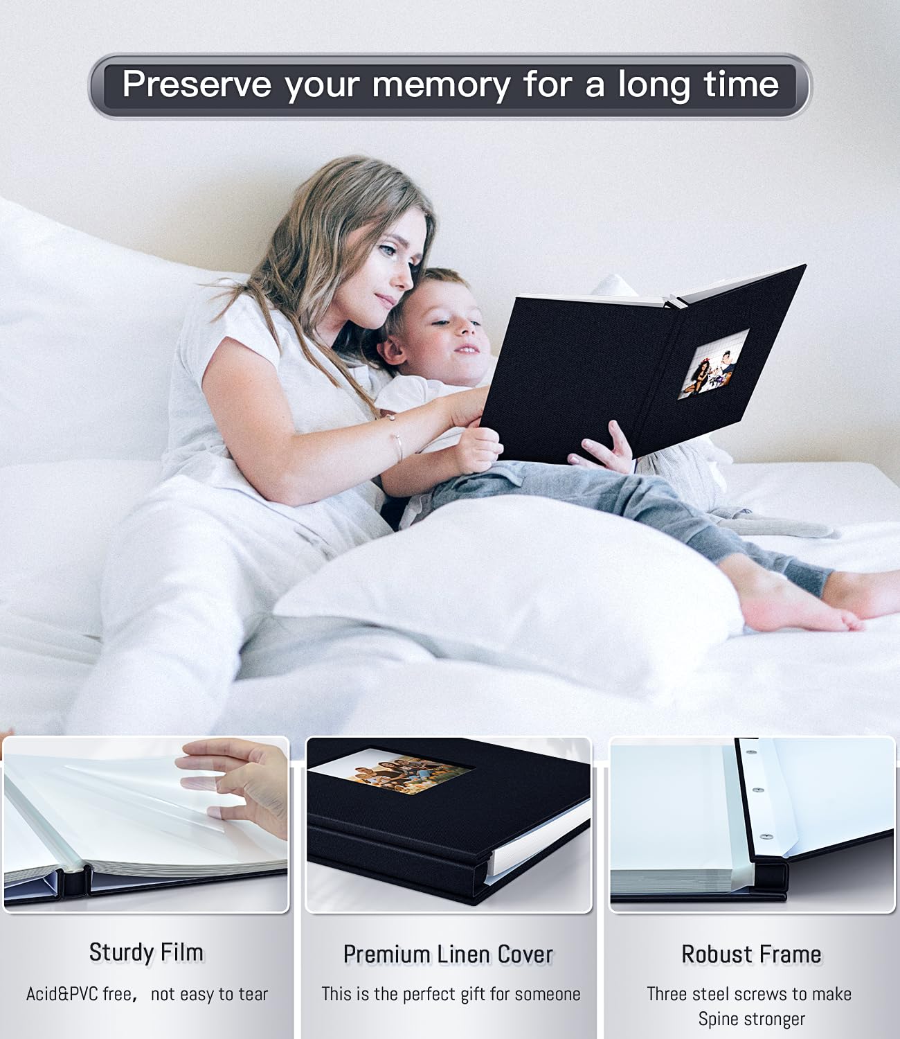 Popotop Photo Album Self Adhesive with Picture Display Window,40 Pages DIY Scrapbooking Supplies Kit for 4x6 8x10 Picture,Linen Cover Memory Book for Baby Wedding, with Scraper and Metallic Pen