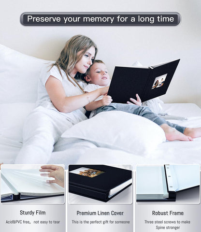 Popotop Photo Album Self Adhesive with Picture Display Window,40 Pages DIY Scrapbooking Supplies Kit for 4x6 8x10 Picture,Linen Cover Memory Book for Baby Wedding, with Scraper and Metallic Pen