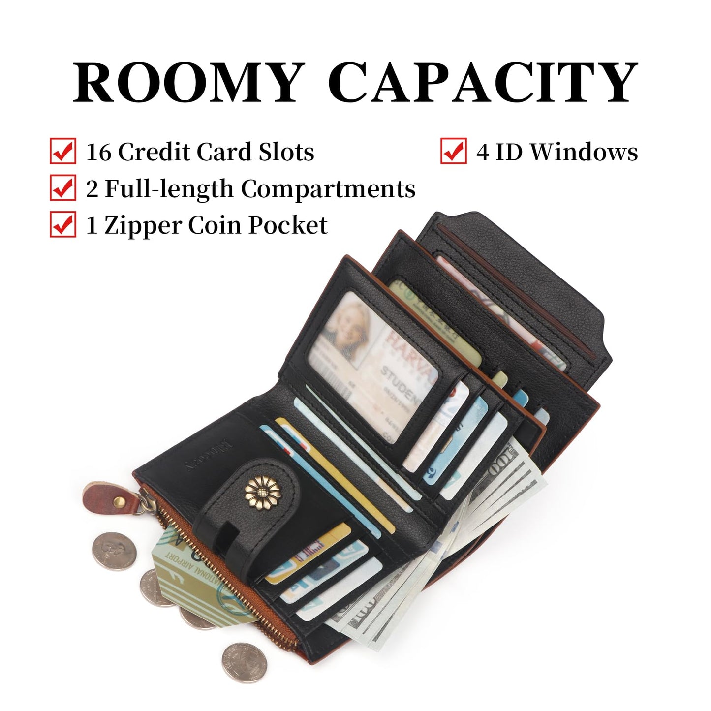 Blucoay Leather Wallet Women,RFID Blocking Womens Wallet Bifold Compact Small Wallet for Women Card Holder with Zip Coin Pocket Brownblack