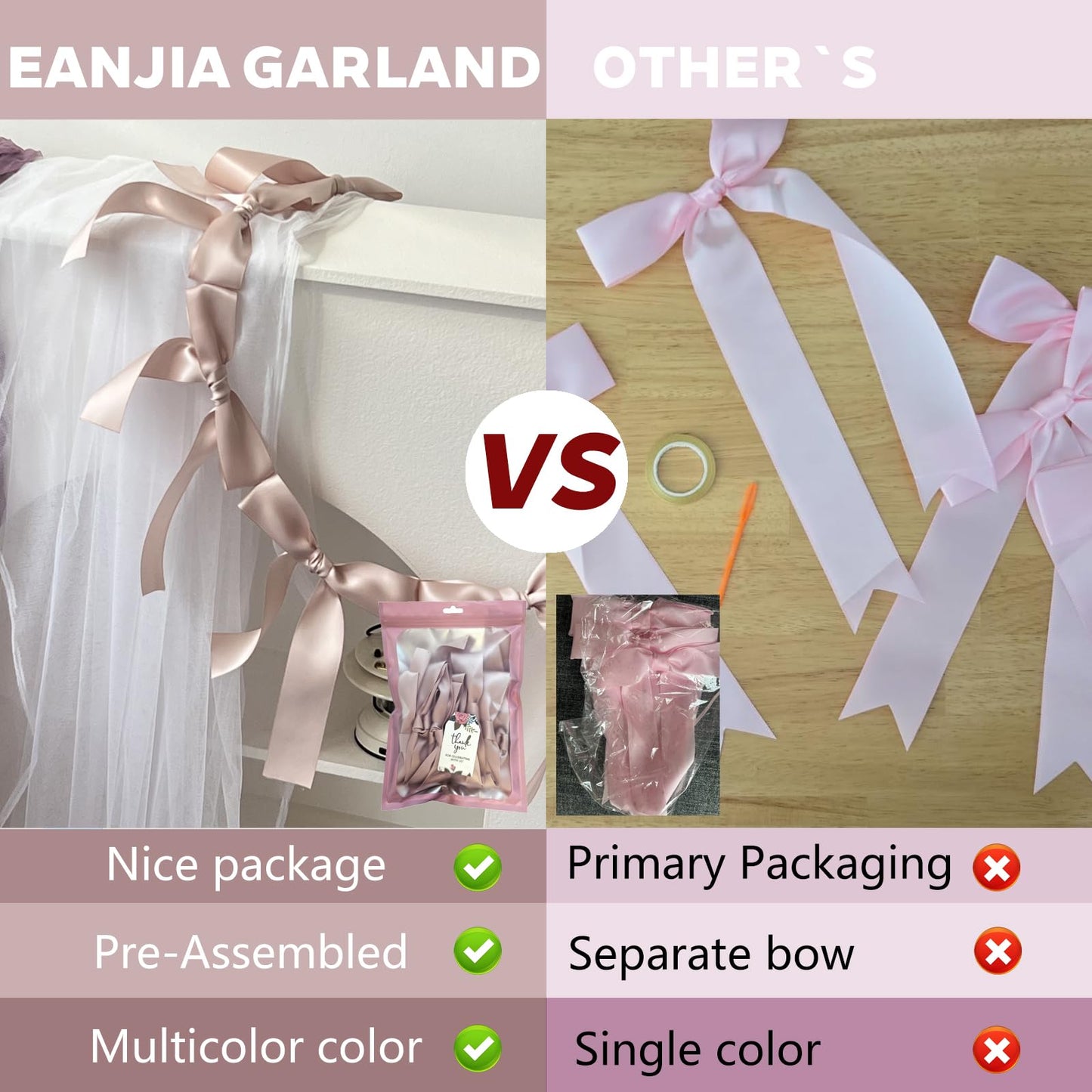 Dusty Pink Bow Garland, Pre-Assembled 6 ft – Single Accent Decoration for Bridal Shower, Baby Shower & Birthday Parties | Soft Matte Satin Bows (Dusk Rose)