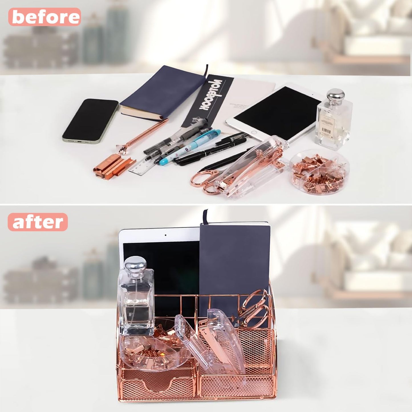 YOLOZAI Office Desk Organizers, Rose Gold 13PCS Office Supplies and Accessories Desk organizer, Acrylic Stapler, Staple Remover, Clips, Scissor, Phone Holder, Pen, Pen Holder (Rose Gold)