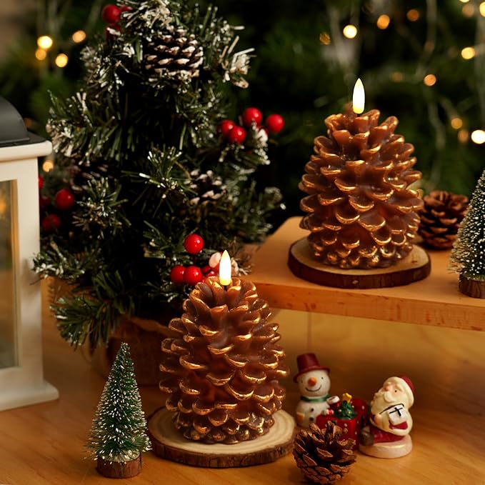 Homemory 2 Pcs Flameless Pine Cone Candle, LED Candles with 6H Timer, Real Wax Battery Operated Candles for Fireplace Decor, Holiday Indoor Decoration,Brown(D3.5 x H5.3 Inch)