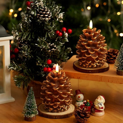 Homemory 2 Pcs Flameless Pine Cone Candle, LED Candles with 6H Timer, Real Wax Battery Operated Candles for Fireplace Decor, Holiday Indoor Decoration,Brown(D3.5 x H5.3 Inch)