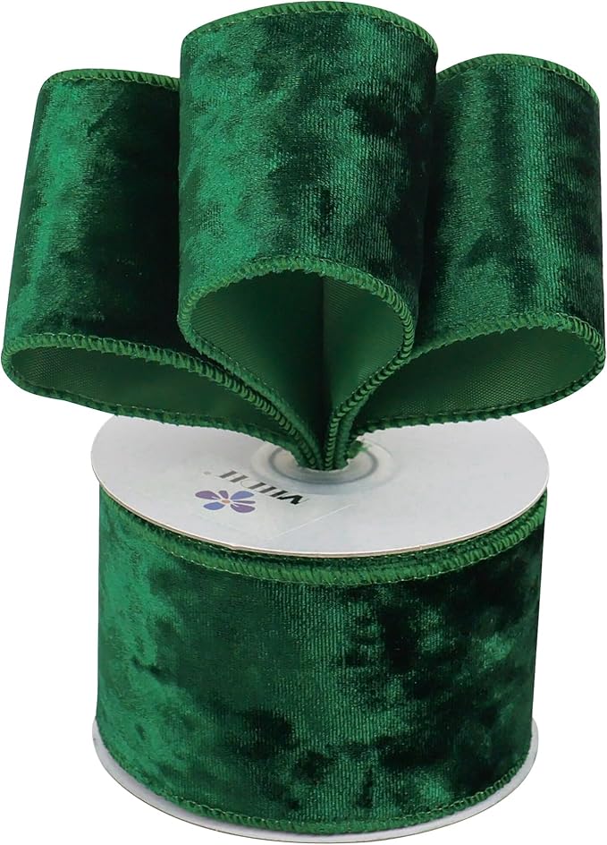 MEEDEE Green Velvet Wired Ribbon 2.5 inch Crushed Velvet Christmas Ribbon 10 Yards for Christmas Tree Decoration, Wreath Supplies, Crafts Bow, Gift Wrapping, Wedding Decor and Accents