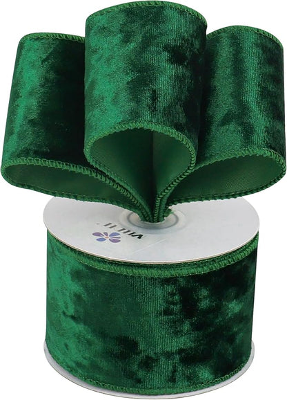 MEEDEE Green Velvet Wired Ribbon 2.5 inch Crushed Velvet Christmas Ribbon 10 Yards for Christmas Tree Decoration, Wreath Supplies, Crafts Bow, Gift Wrapping, Wedding Decor and Accents