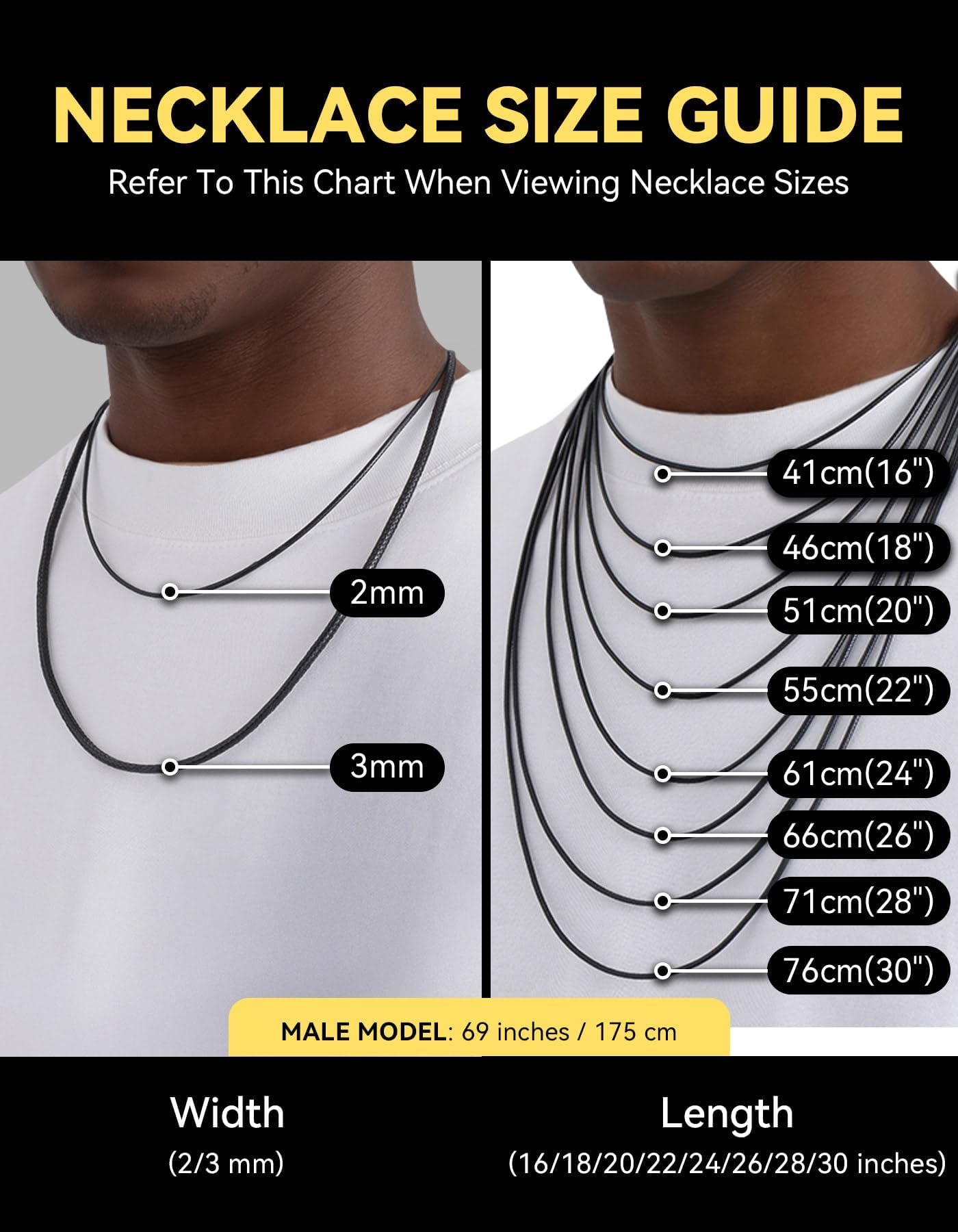Durable Leather Cord Necklace for Man, Black 3mm Wax Rope String Neck Chains Jewelry for Women with Black Clasp 20"