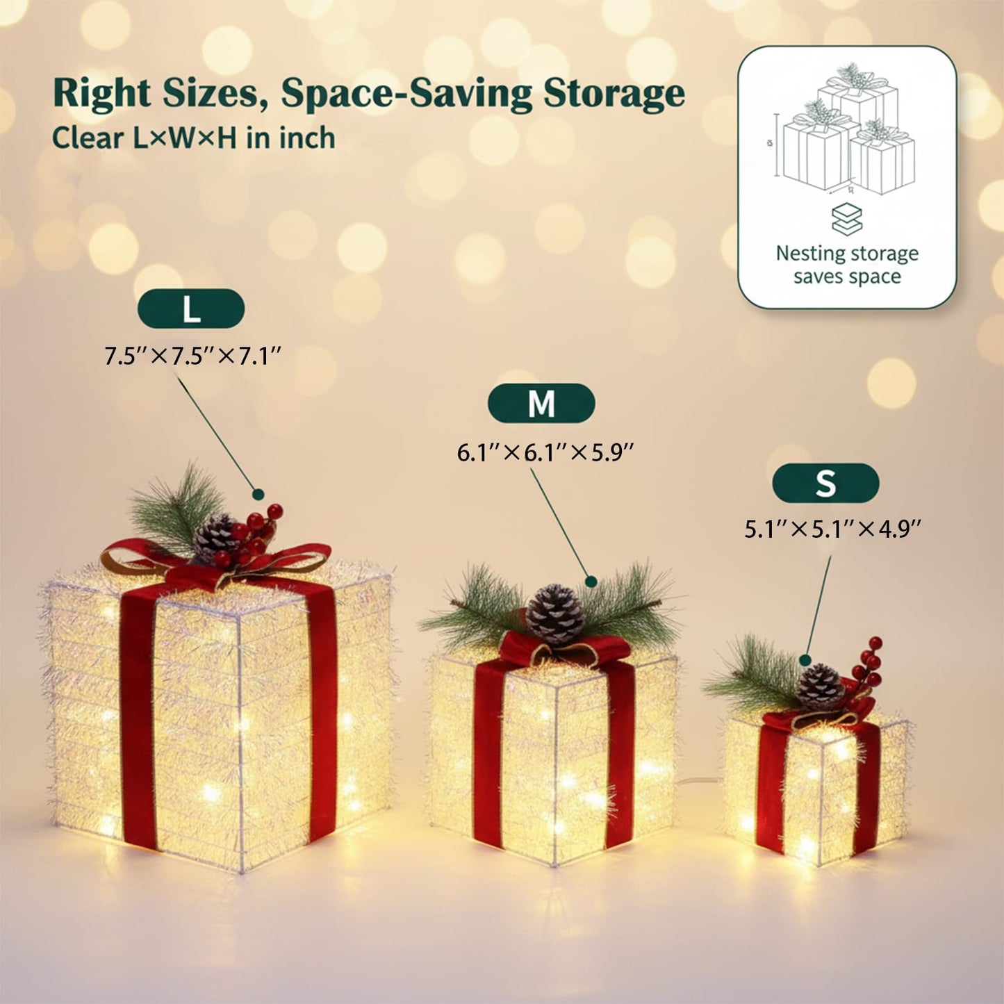 Fulong's Opulent Christmas Lighted Gift Boxes Decor Set of Three Pre-lit LED Presents | Warm White Garden, Porch, Room Decor & Tree Skirt Ornaments | Indoor 60 Lights Set