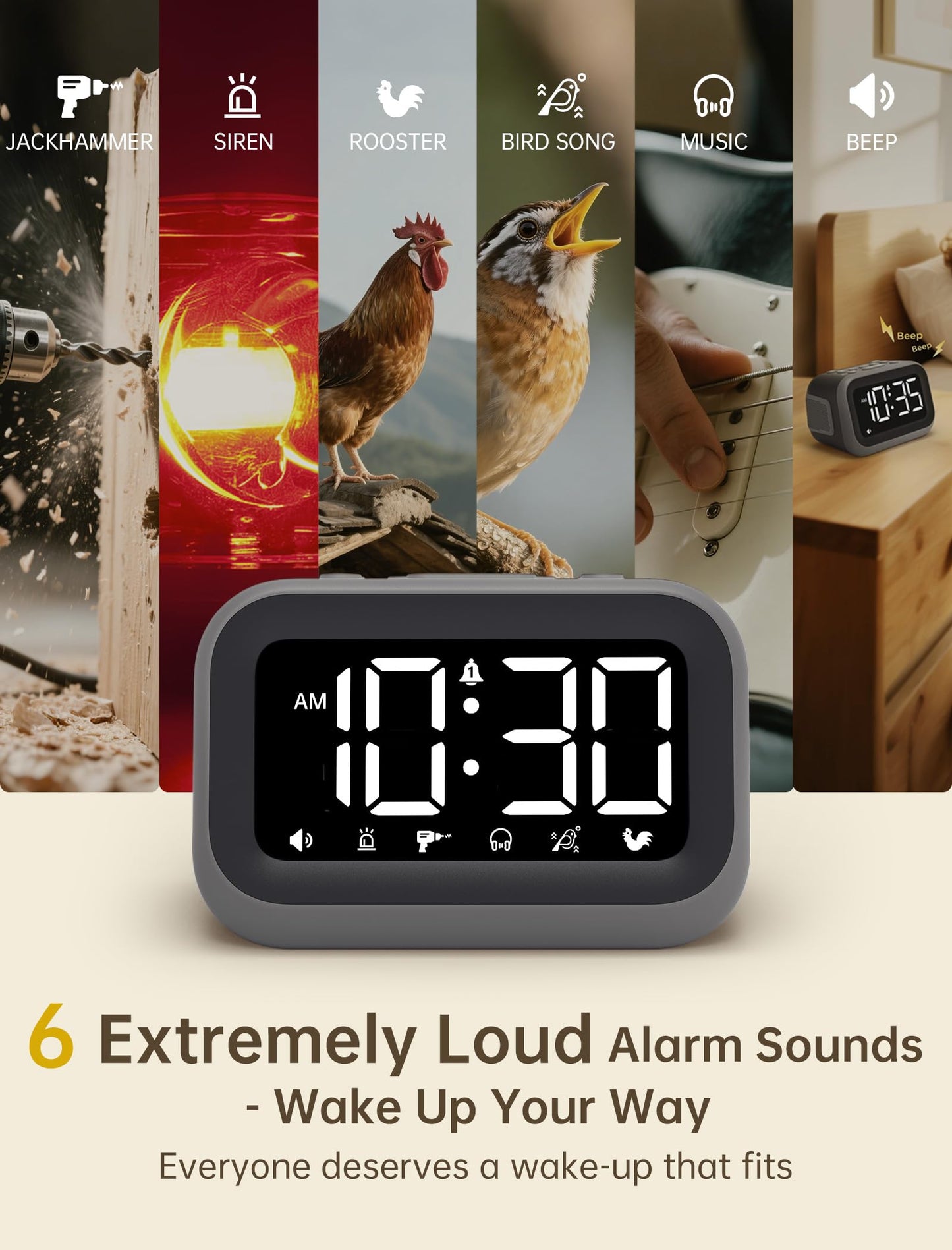 Acedeck Super Loud Alarm Clock: 115dB Dual Alarms and 6 Alarm Sounds for Heavy Sleepers - Adult Shift Workers in Bedroom or Daily Wake-Up Use - Gray