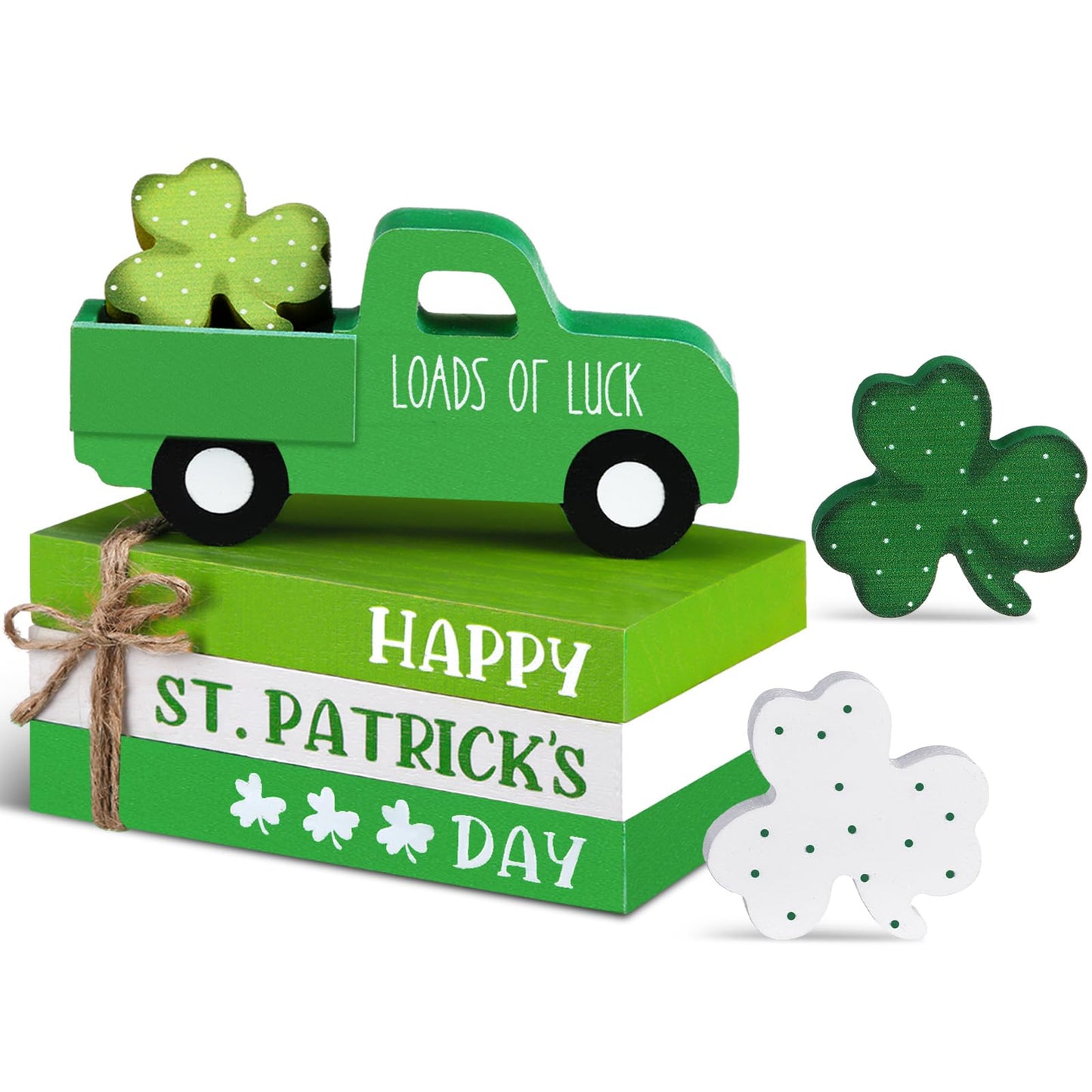 DoubleFill 7 Pcs St Patricks Day Decorations St Patricks Day Tiered Tray Decor Irish Wood Lucky Shamrock Table Centerpiece Decor 3 Faux Books Bundle with Twine Green Truck Sign for Bookshelf Home Gift