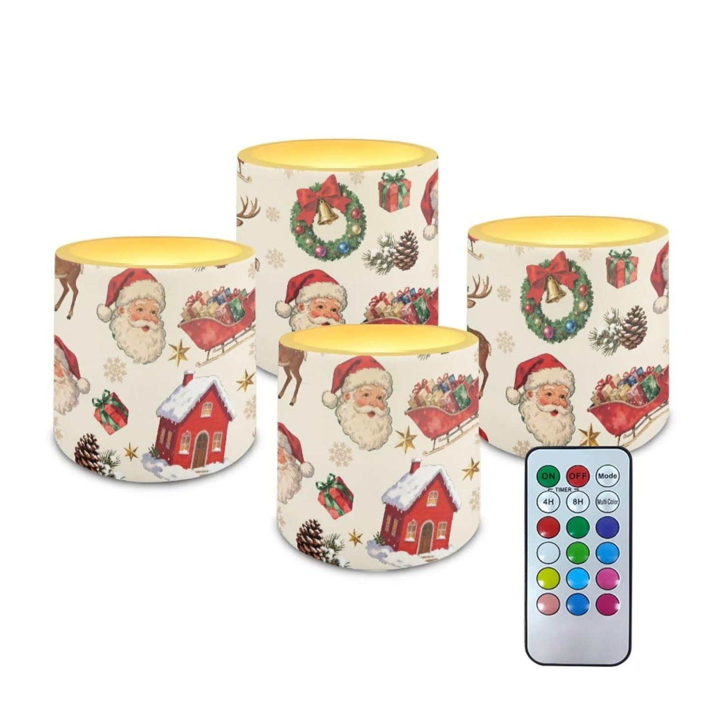 Poceacles LED Flameless Candles Set of 4 Battery Operated Fake Flickering Candles, Outdoor Indoor Tealights for Holiday Festival Christmas Decorations, Santa Claus Sleigh Christmas Wreath Beige