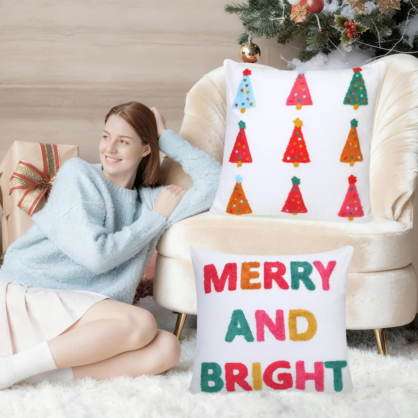 Remagr 2 Pcs Merry and Bright Christmas Tree Pillow Covers Pink Embroidered 18 x 18 Inches 3D Pillow Covers Decorative for Winter Xmas Home Bedroom Sofa Decor