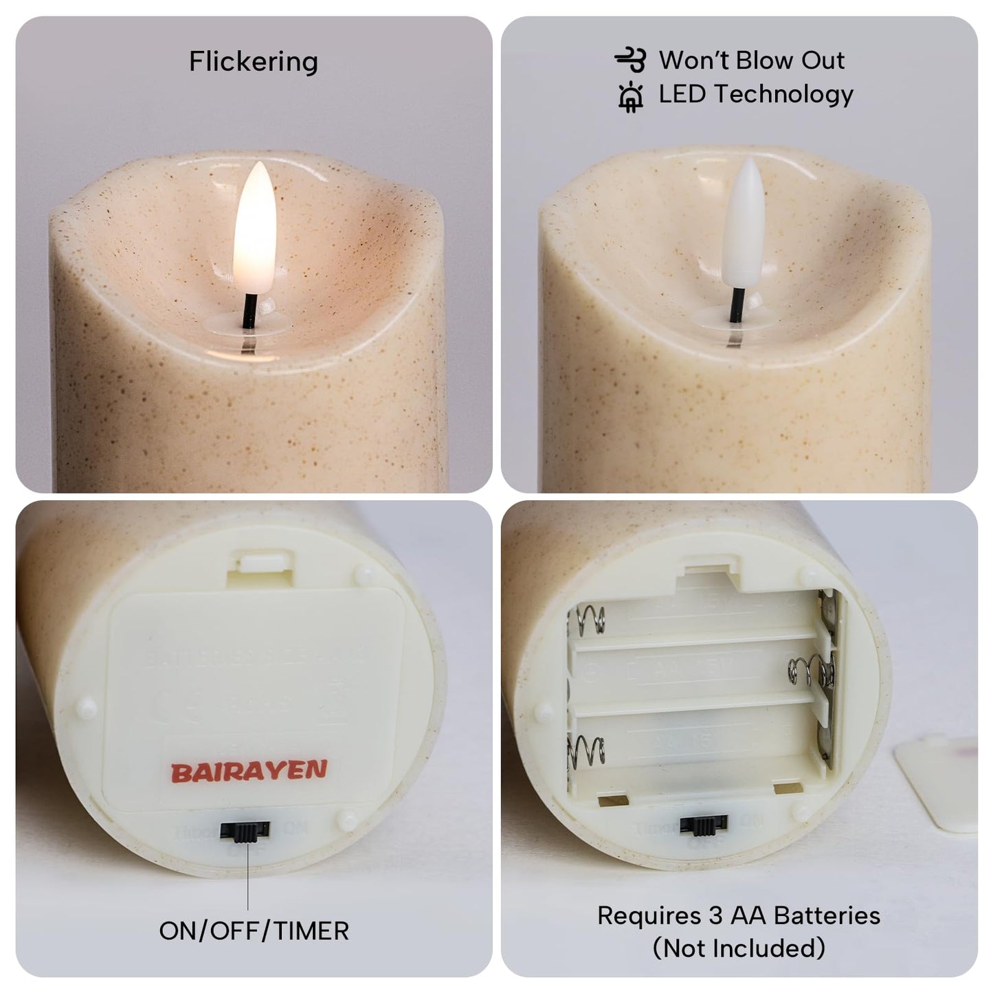 BAIRAYEN Love Flameless Candles 2-Pack, Fiber Optic Fake Candles with Timer, Warm White Battery Operated LED Lights 6" Tall for Wedding, Valentine, Anniversary, Christmas Table Decor