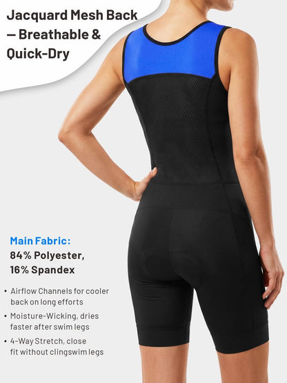 Women's Sleeveless Triathlon Suit One-Piece Trisuit for Swim Bike Run, Aero Fit, Race & Training, Padded, 2 Pockets Blue
