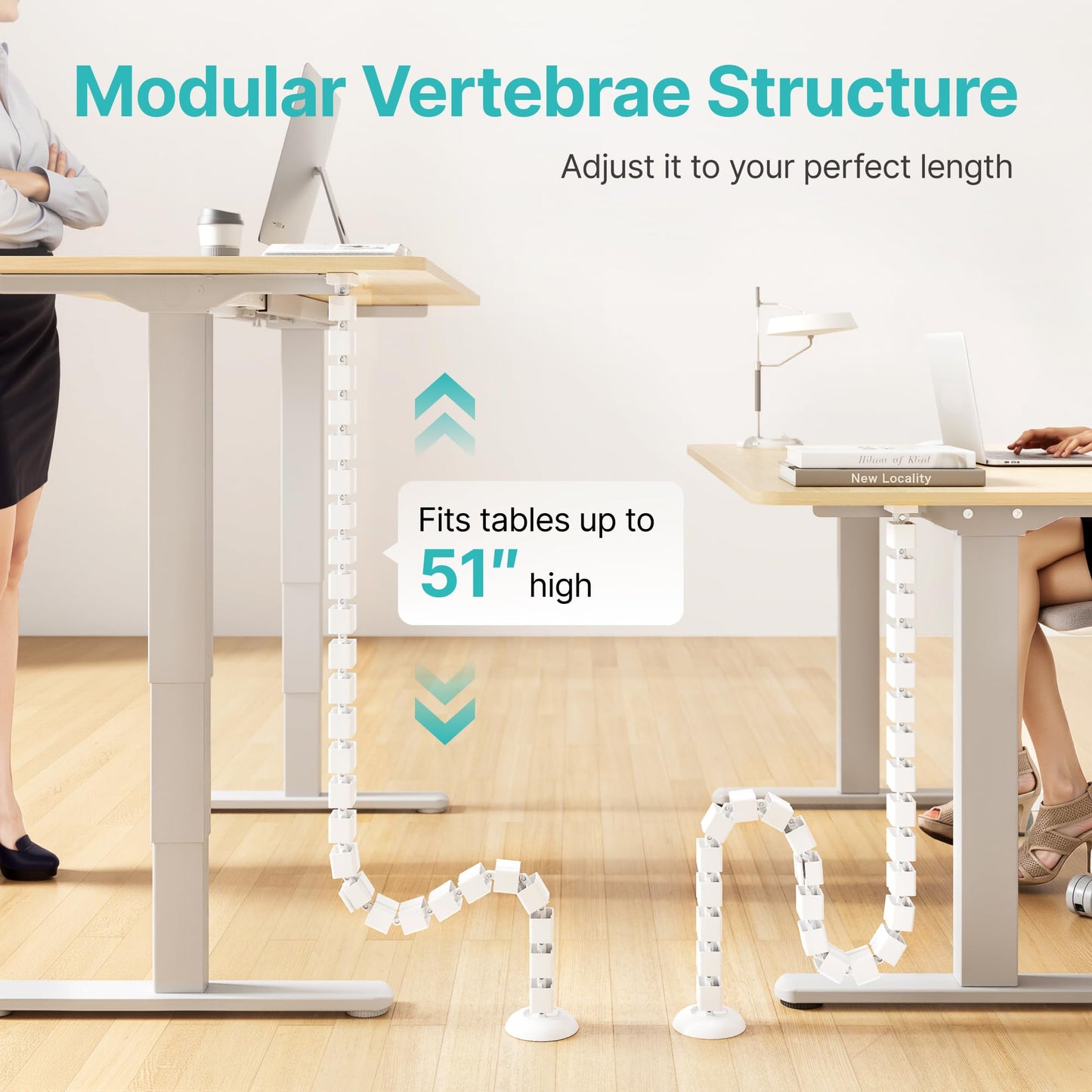 PEGZONE Under Desk Cable Management Spine – Flexible Cable Snake Organizer for Standing Desk, Tool-Free Magnetic Vertebrae Wire Management for 0.4"-2" Table, White
