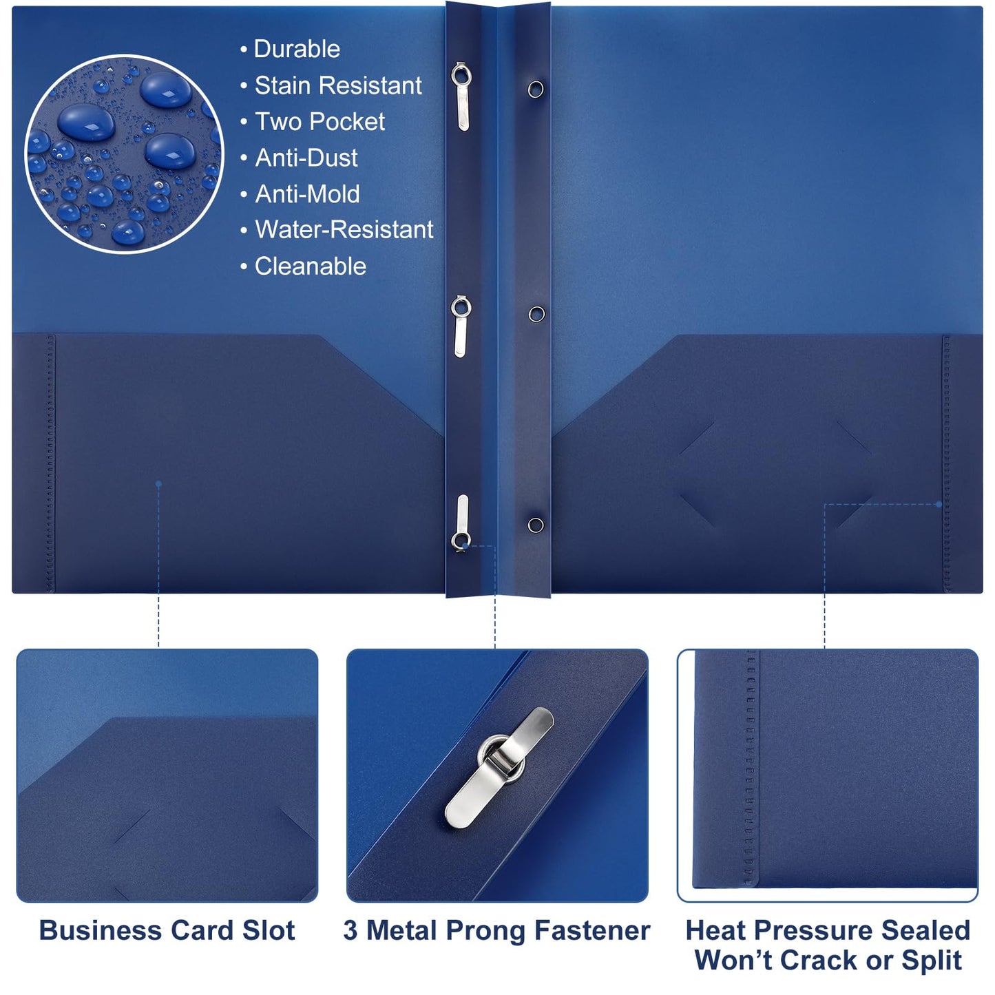 Patelai 48 Pcs Plastic Folders with 2 Pockets and 3 Prongs Home Folders with Card Slot Letter Size Heavy Duty Report Covers for Back to School(Navy Blue,Classic)