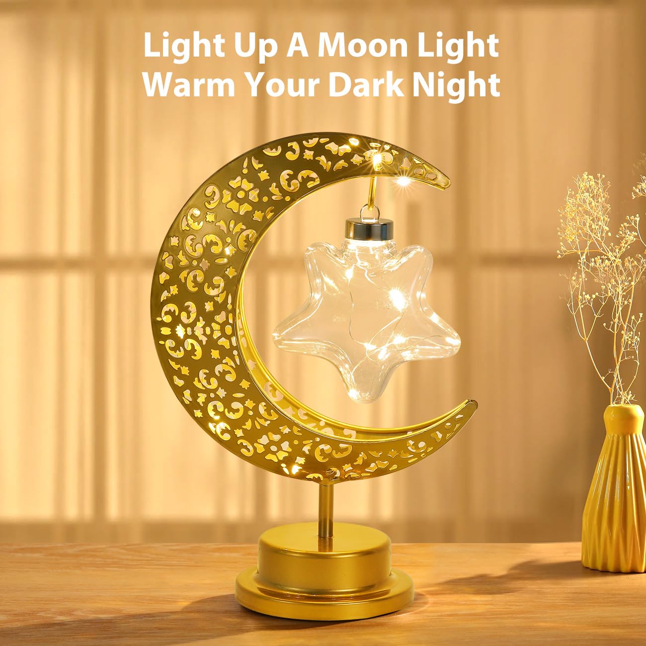 Lewondr Decorative Table Lamp, Battery Powered Ramadan Desk Lamp Decorations Crescent Table Light Lunar Star Moon Lantern for Bedside Nightstand Desktop Room Party, Eid Mubarak Decor, Warm Light