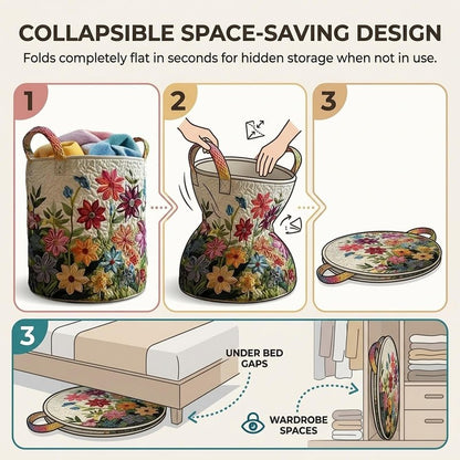 Quilted Laundry Baskets, Large Floral Boho Fabric Storage Hamper with Handles, Collapsible Soft Clothes Organizer Tote for Nursery House Styling, Portable Bedroom Washing Container