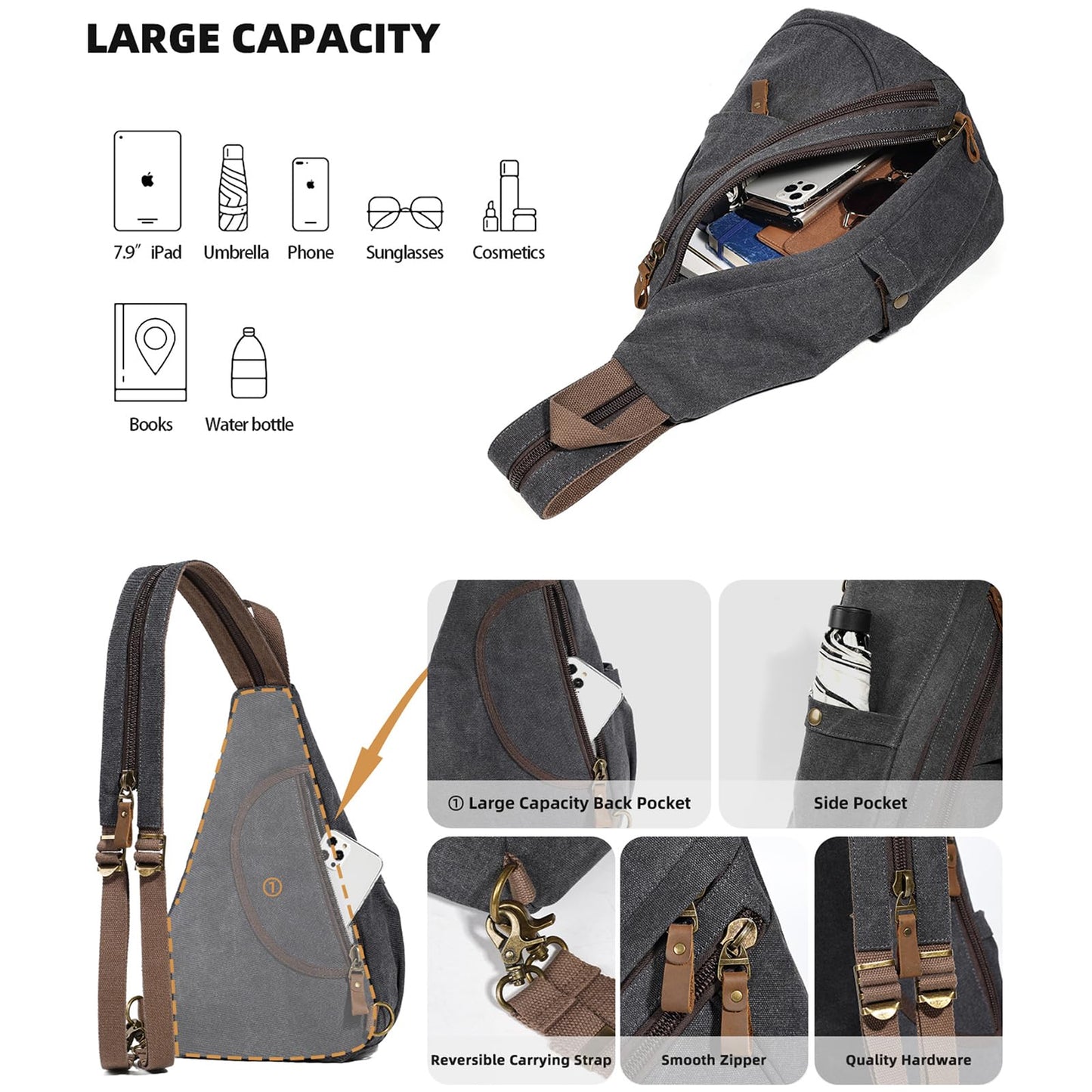 KL928 Canvas Sling Bag - Small Crossbody Backpack Shoulder Casual Daypack Rucksack for Men Women(Large Version,Black)
