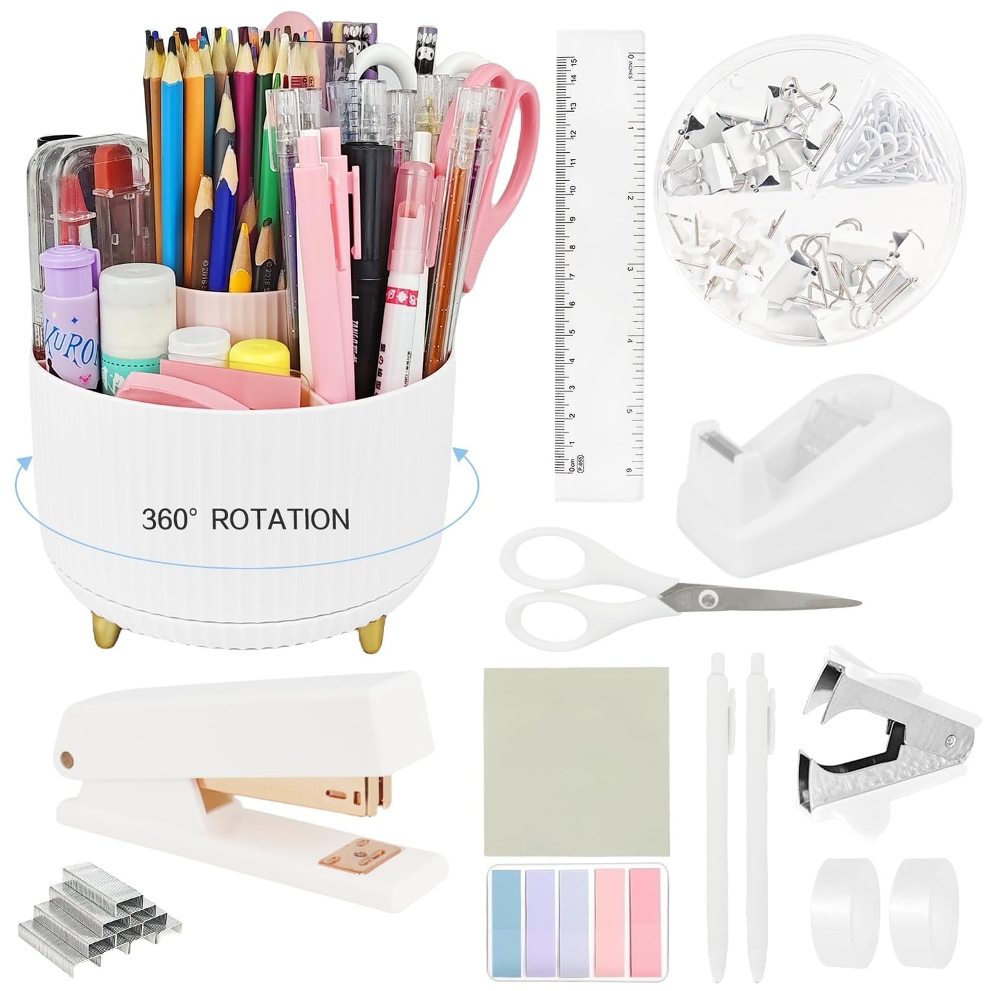 Ovatt White Desk Organizer Set - 15-Piece Office Supplies with 360° Rotating Pen Holder, Stapler, Tape Dispenser & Clips for Home Office