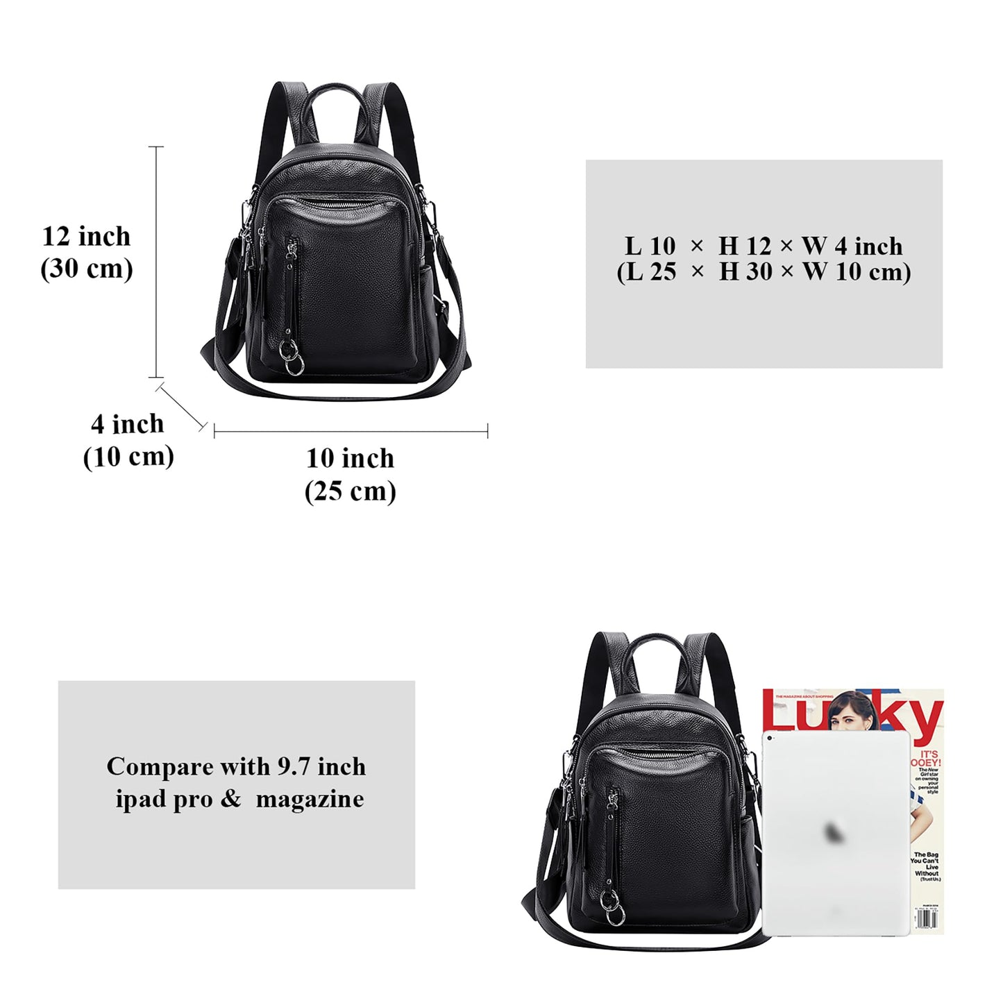 ALTOSY Fashion Genuine Leather Backpack Purse for Women Shoulder Bag Casual Daypack Small(S10 Black)