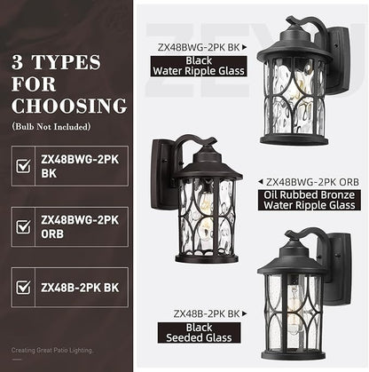 zeyu 12 Inch Outdoor Wall Lights, 2 Pack Exterior Front Porch Light, Die-Cast Aluminum, Oil Rubbed Bronze Finish with Water Ripple Glass Glass, ZX48BWG-2PK ORB