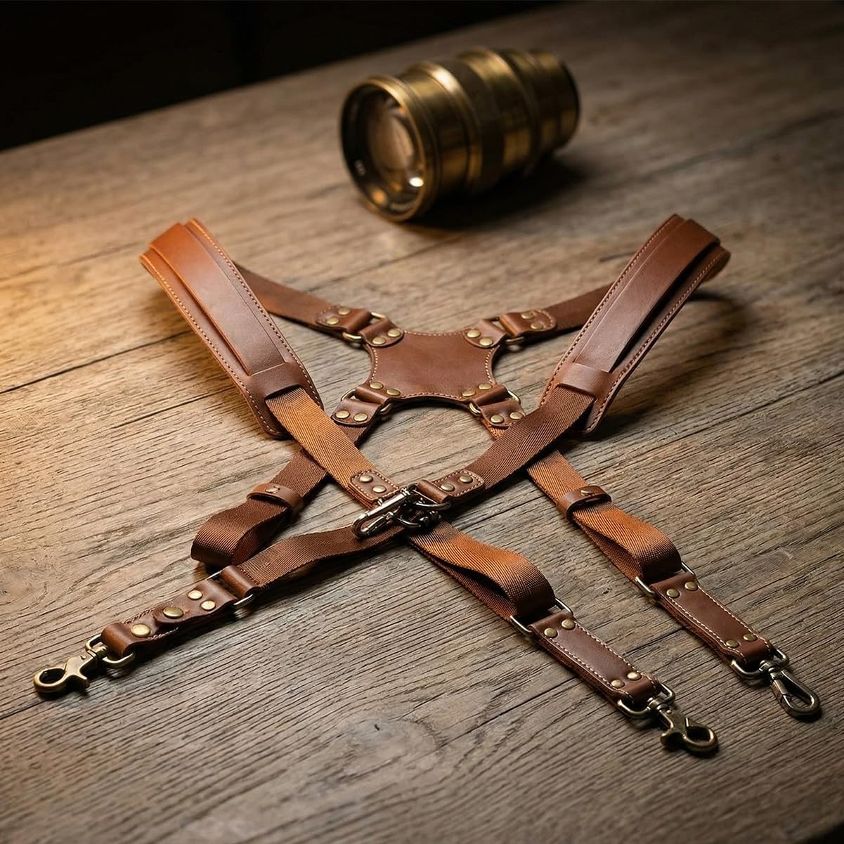 TROUVAILLE Camera Shoulder Strap, Dual Shoulder Leather Harness, Adjustable Leather Rivet Double Harness Shoulder Strap Accessory for DSLR/SLR, Brown