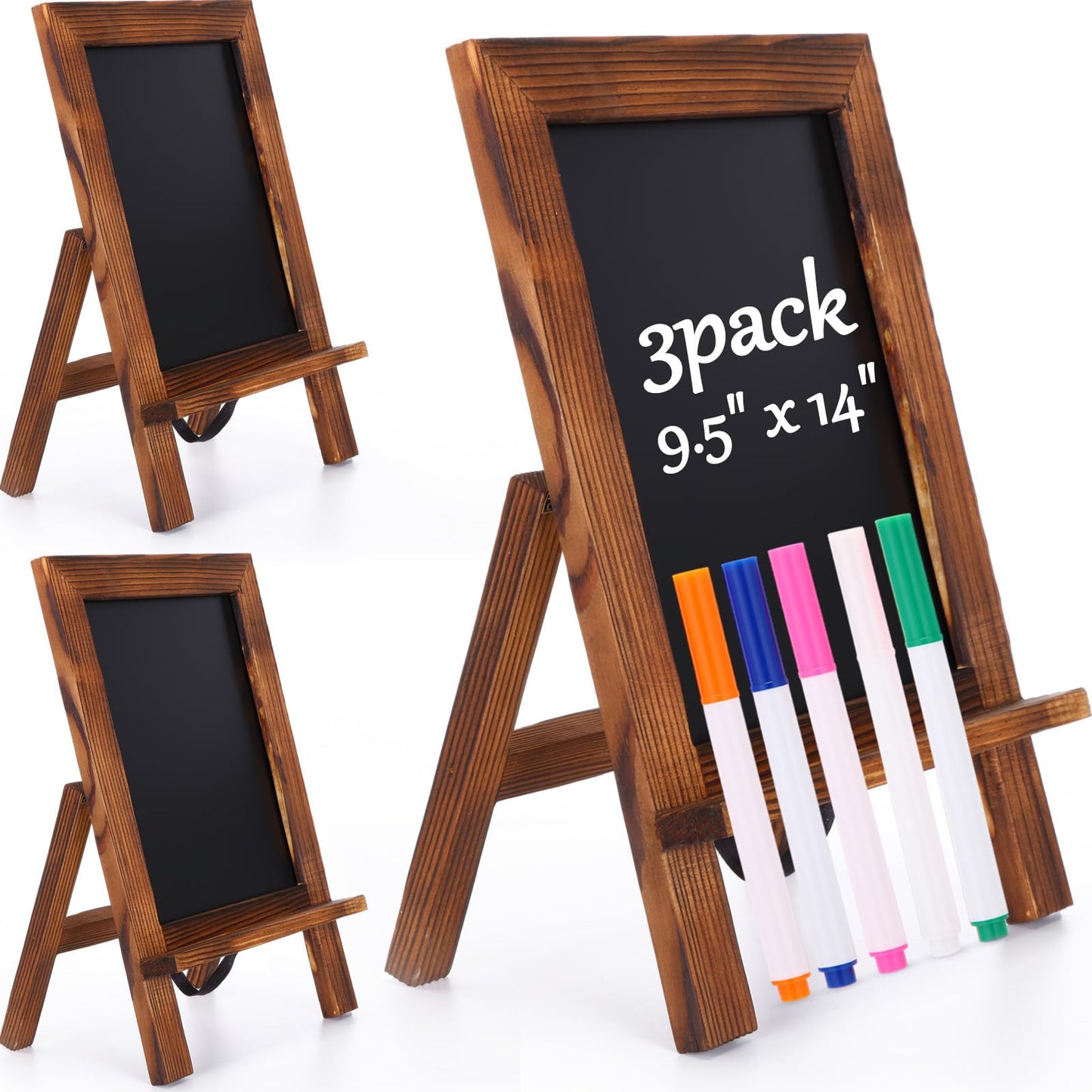 Harloon 3 Pack Christmas Office Products Framed Tabletop Chalkboard Sign 9.5" x 14" with Built-in Ledge and Folding Stand with 5 Chalk Marker for Wedding Kitchen School Birthday(Rustic Brown)
