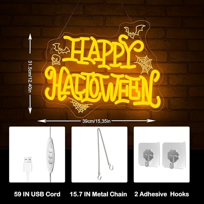 HAPPY HALLOWEEN Neon Sign, Bright Yellow LED Wall Light with Bats, Spider Webs & Skull, Halloween Party Decoration for Home, Bar, Dorm, Spooky Décor
