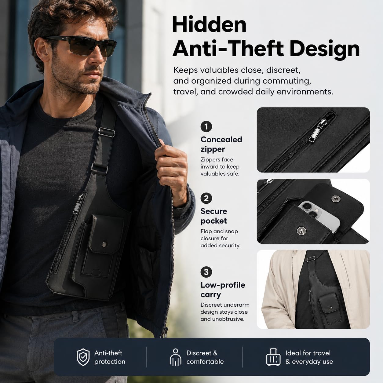 Men’s Underarm Shoulder Holster Bag Anti-Theft Crossbody Sling Bag Concealed Style EDC Pouch Adjustable Straps Multi Pocket (Vegan Leather)