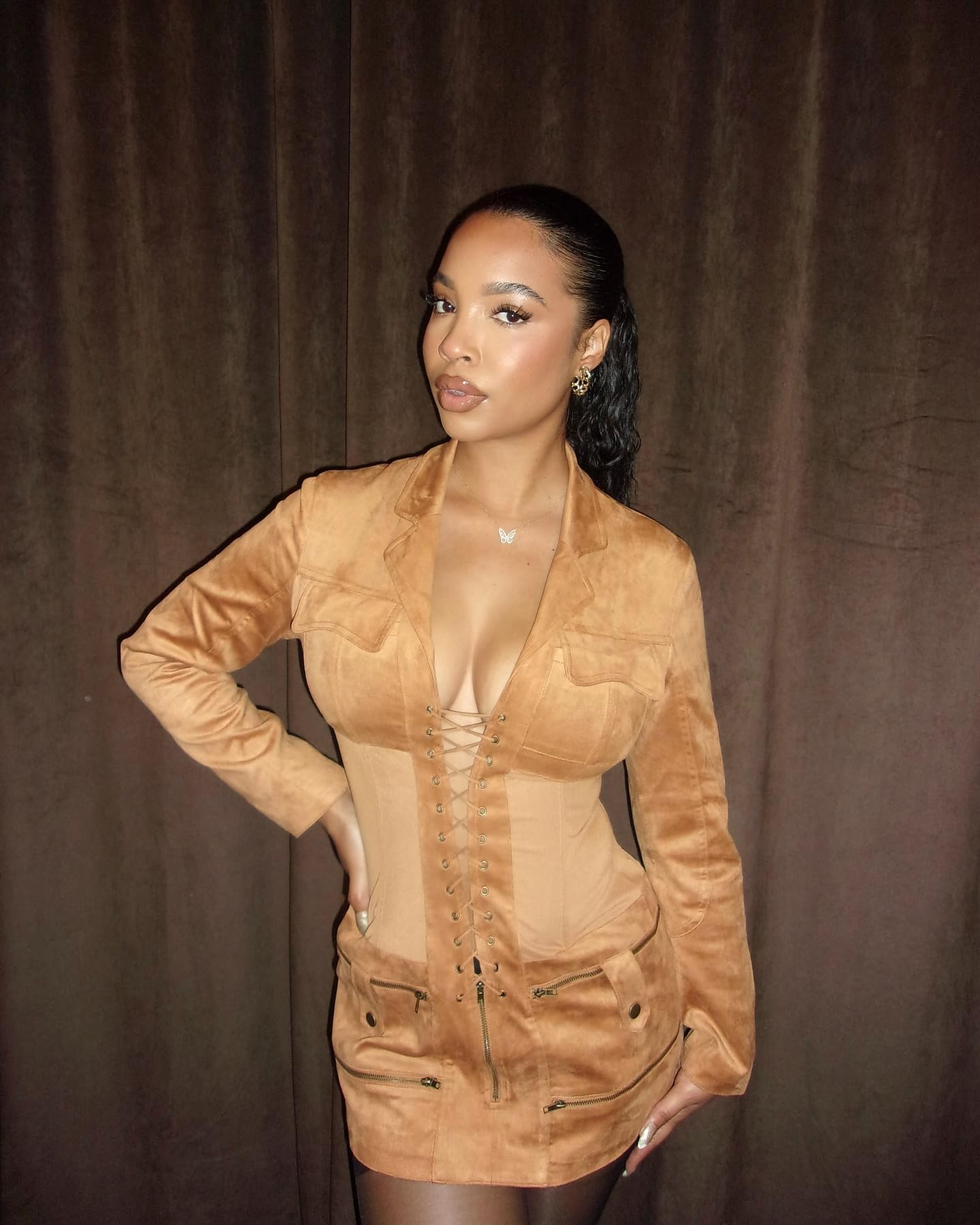 JW PEI Women's Faux Suede Corset Jacket Mini Dress - Camel
