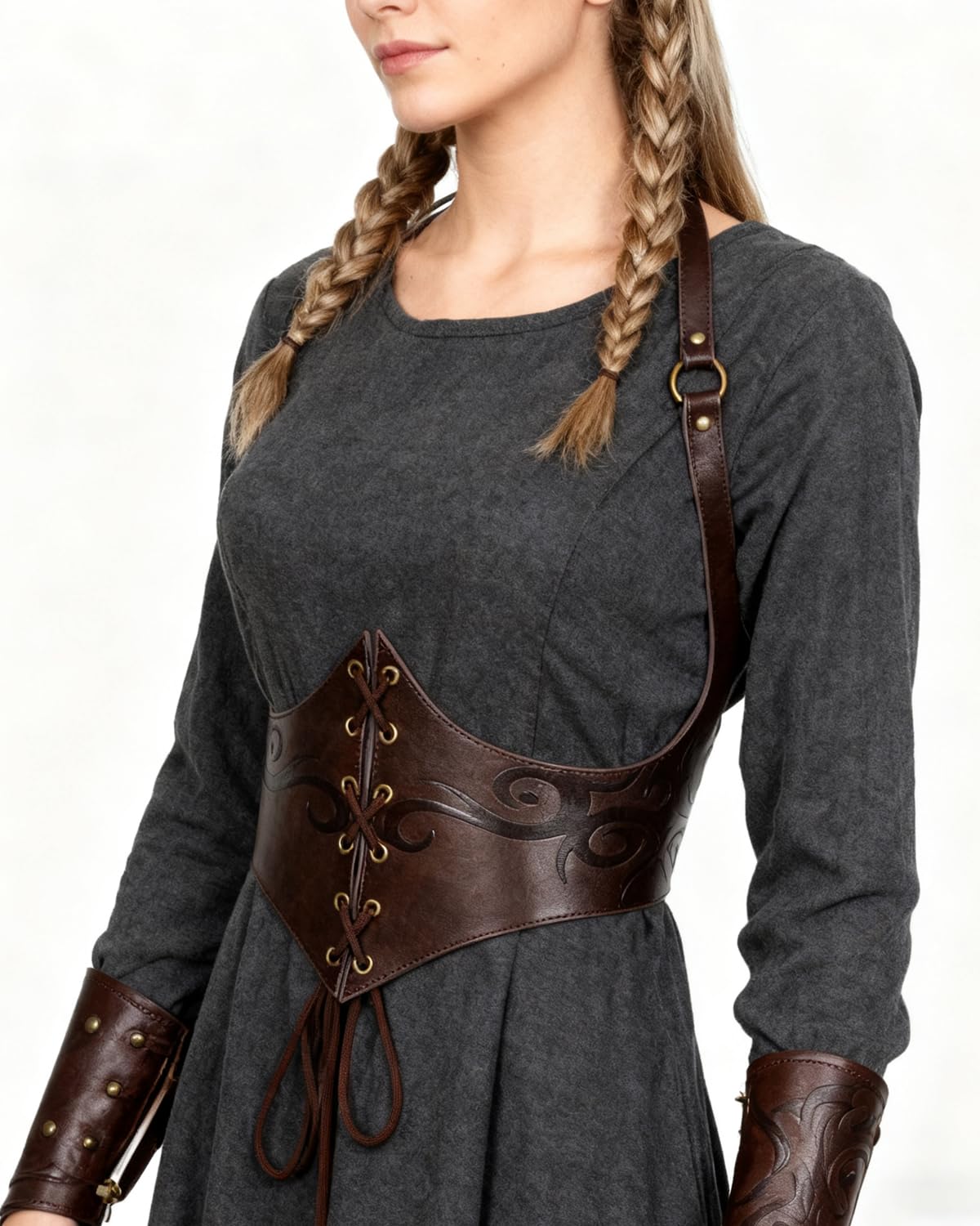 L'VOW Renaissance Leather Corset Belt Viking Waist Cincher Belt Women Halloween LARP Medieval Accessory(Brown,XXL)