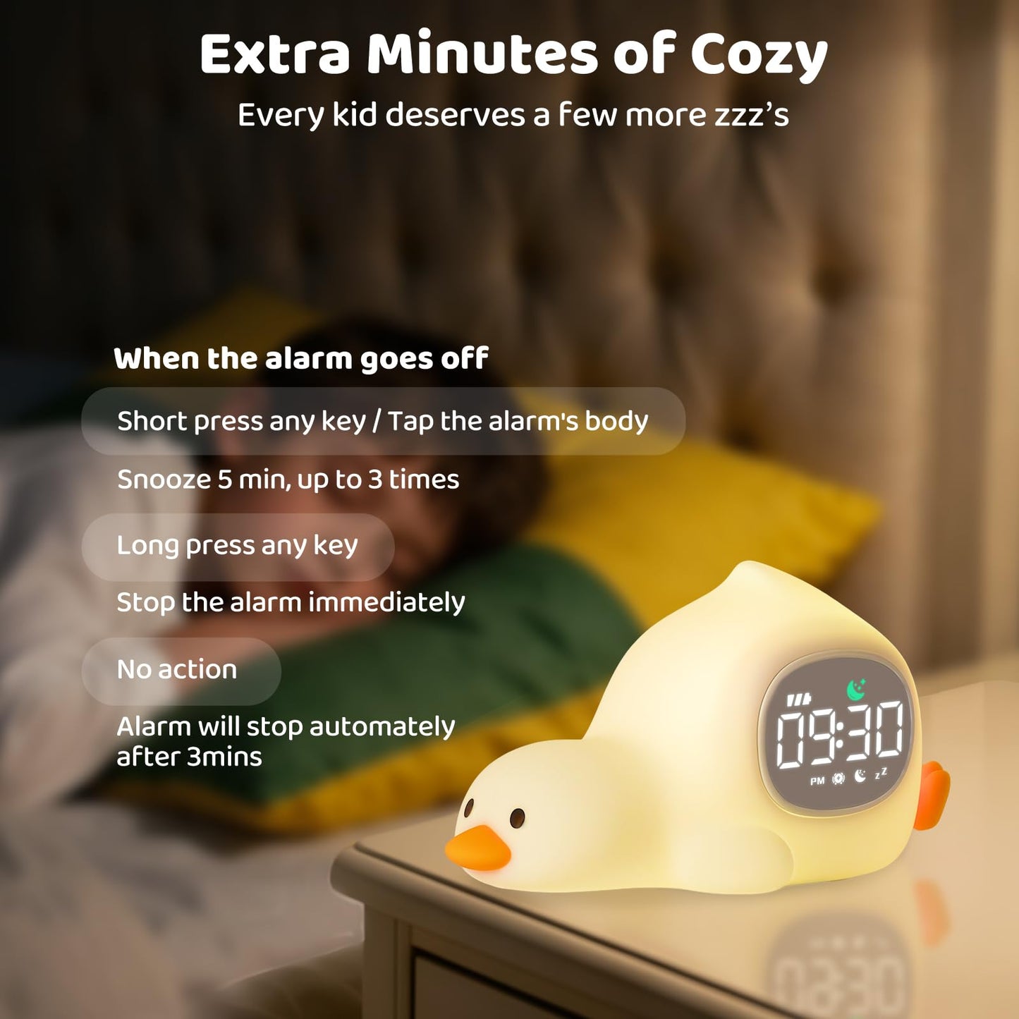 Laying Duck Alarm Clock with Night Light for Kids with Sleep Training and Sound Machine, Rechargeable Silicone Lamp OK to Wake Clock，Cute Animal Tabletop Lamp, Perfect Sleep Companion for Boys Girls