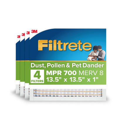 Filtrete 13.5x13.5x1 AC Furnace Air Filter, MERV 8, MPR 700, Tough on Pollen, Easy on Airflow, 3-Month Pleated 1-Inch Electrostatic Air Cleaning Filter, 4-Pack (Actual Size 13.19 x 13.19 x 0.81 in)