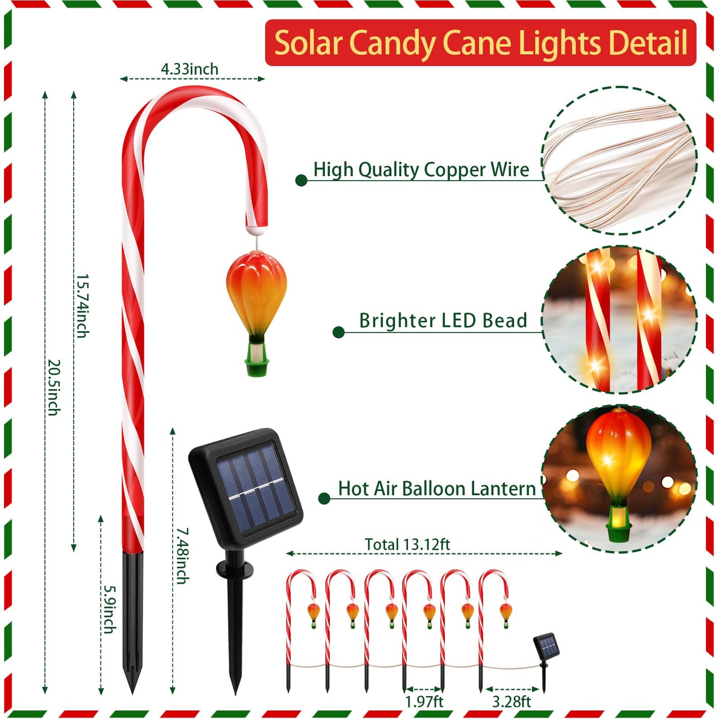 12 Pack Outdoor Solar Christmas Decorations, 180 Bright LED Solar Candy Cane Christmas Lights 8 Lighting Modes, Waterproof Outside Xmas Decorations with Lantern Decor Lights for Pathway Yard Garden