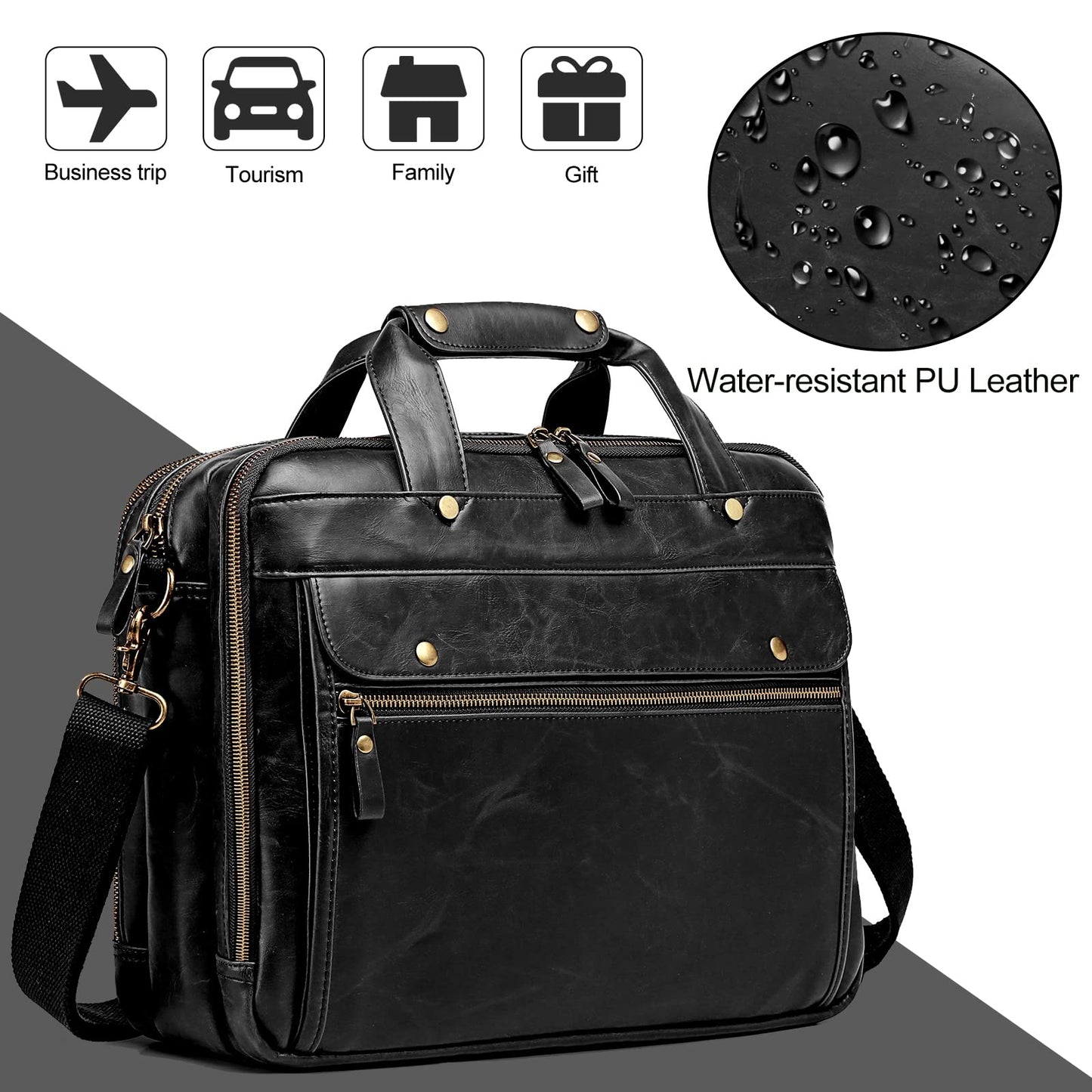 Bosidu Leather Briefcases for Men 15.6 Inch Laptop Messenger Bag with Triple Compartments Water-Resistant Computer Shoulder Bag for Business, Travel, Work, Office, Black