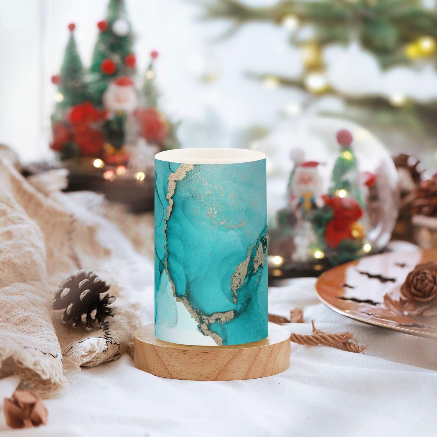 Eionryn Teal Turquoise Marble Texture Flameless Candles Black and Gold Battery Operated LED Candles with Remote Timer Electric Candles for Home Party Decor 2pcs
