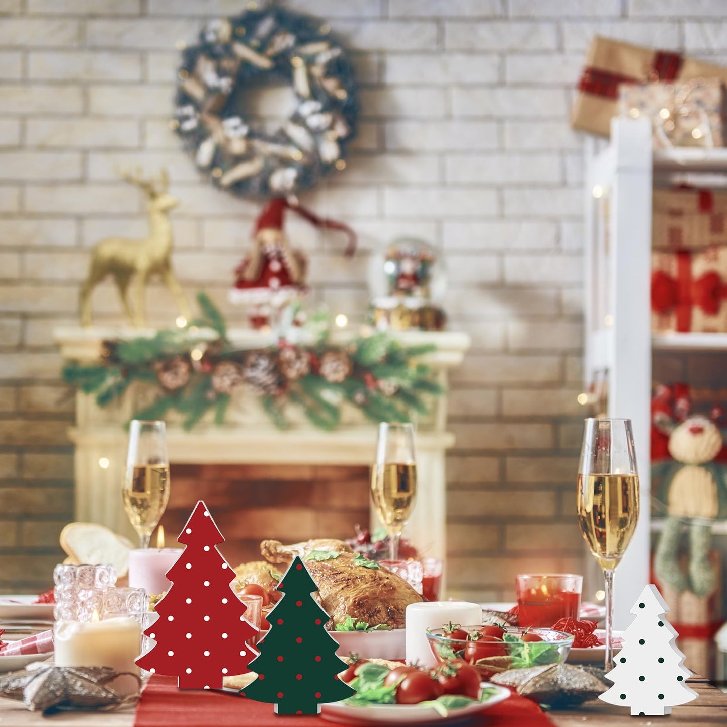 6 Pcs Christmas Tree Wooden Signs Table Decor Rustic Polka Dot Wood Xmas Trees Tiered Tray Decor Mini Buffalo Shelf Centerpiece Tabletop Wood Block Signs for Xmas Holiday Winter Home Decorations