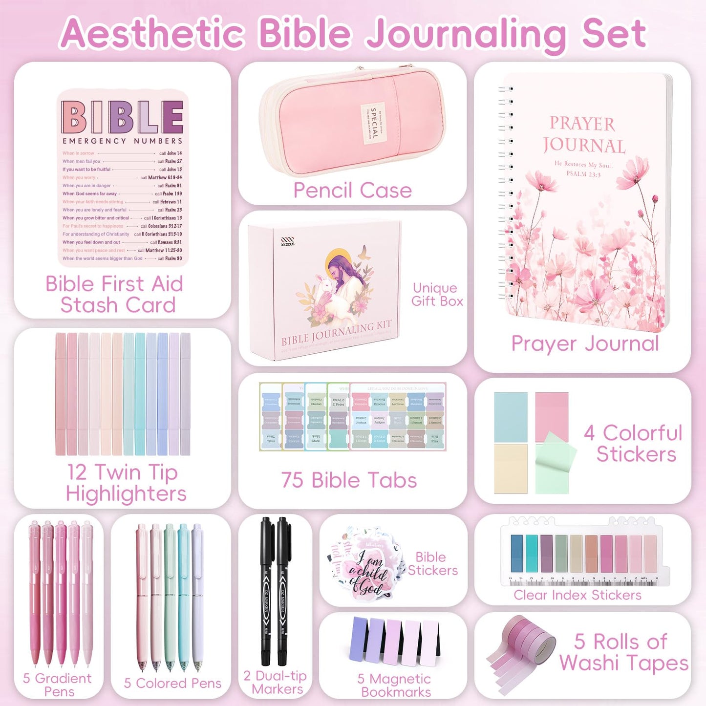 XKDOUS Bible Study Supplies Journaling Kit for Women, Bible Study Kit Journaling Supplies Includes Prayer Journal, Highlighters, Emergency Card, Pencil Case and More, Christian Gifts for Women, Pink