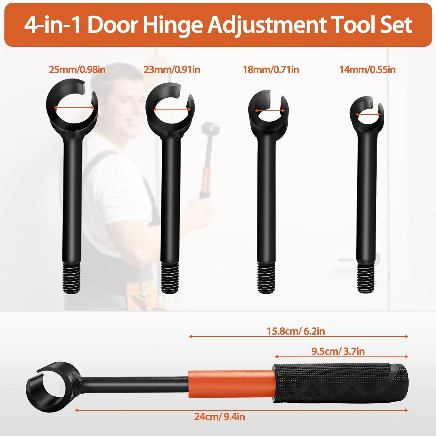 Door Hinge Adjustment Tool Kit, 4 in 1 Hinge Gap Adjusting Wrench Set for Residential and Commercial Use, Door Gap Adjustment Tool, Heavy Duty Door Hinges Repair Wrench with Rubber Grip