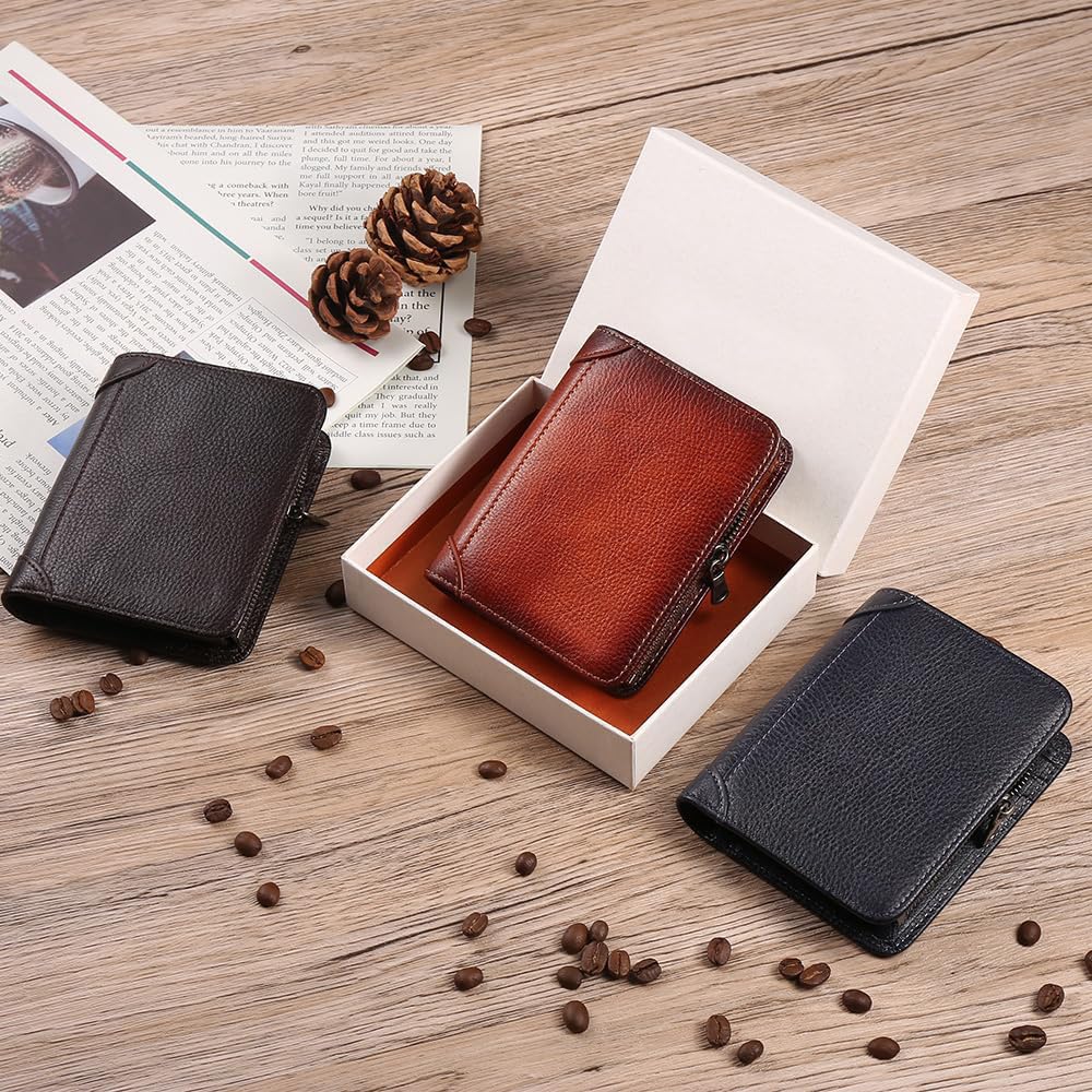 ZYLOXAR Genuine Leather Wallet for Men Zipper RFID Blocking Durable 8 Card Slots 2 ID 2 Cash Compartments High Capacity Organizer (Coffee)
