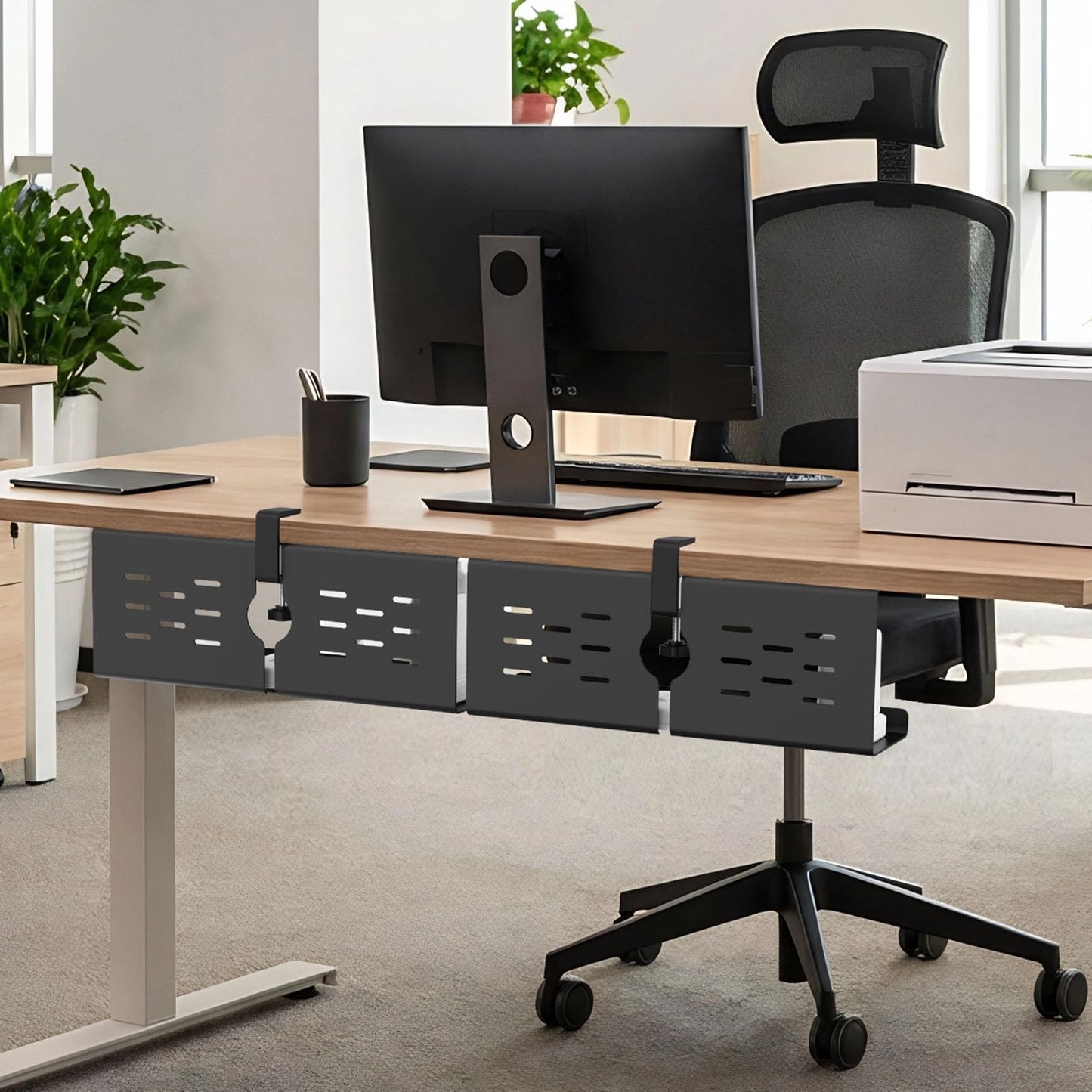 KEEGH 16" Under Desk Cable Management Tray, 2 Pack Desk Cord Organizer Upgrade Capacity, No Drill Clamp/Screws Mount, Cord Management Tray for Home Office, Gaming Desk, Standing Desk, Black