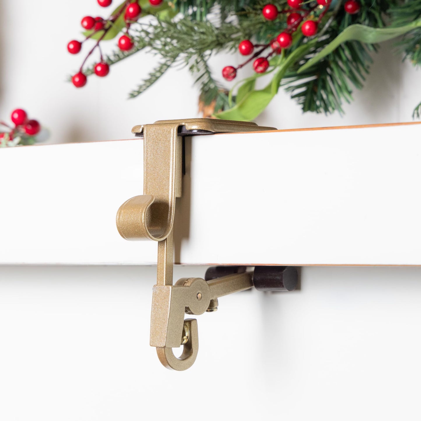 [Fireplace Stocking and Garland Hanger] - Patented Mantle Holder Has Two Hooks - Hold Christmas Stocking and Hang Garland - Durable Wrought Iron - Padded Contact Points (2 Pack - Gold)