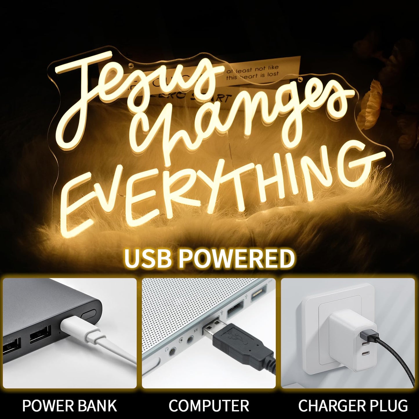 Virlusy Jesus Changes Everything Neon Sign for Wall Decor Dimmable White Christian Neon Signs Letters Led Neon Lights Signs LED Signs for Church Bedroom Home Party Decoration Christams Easter Gifts