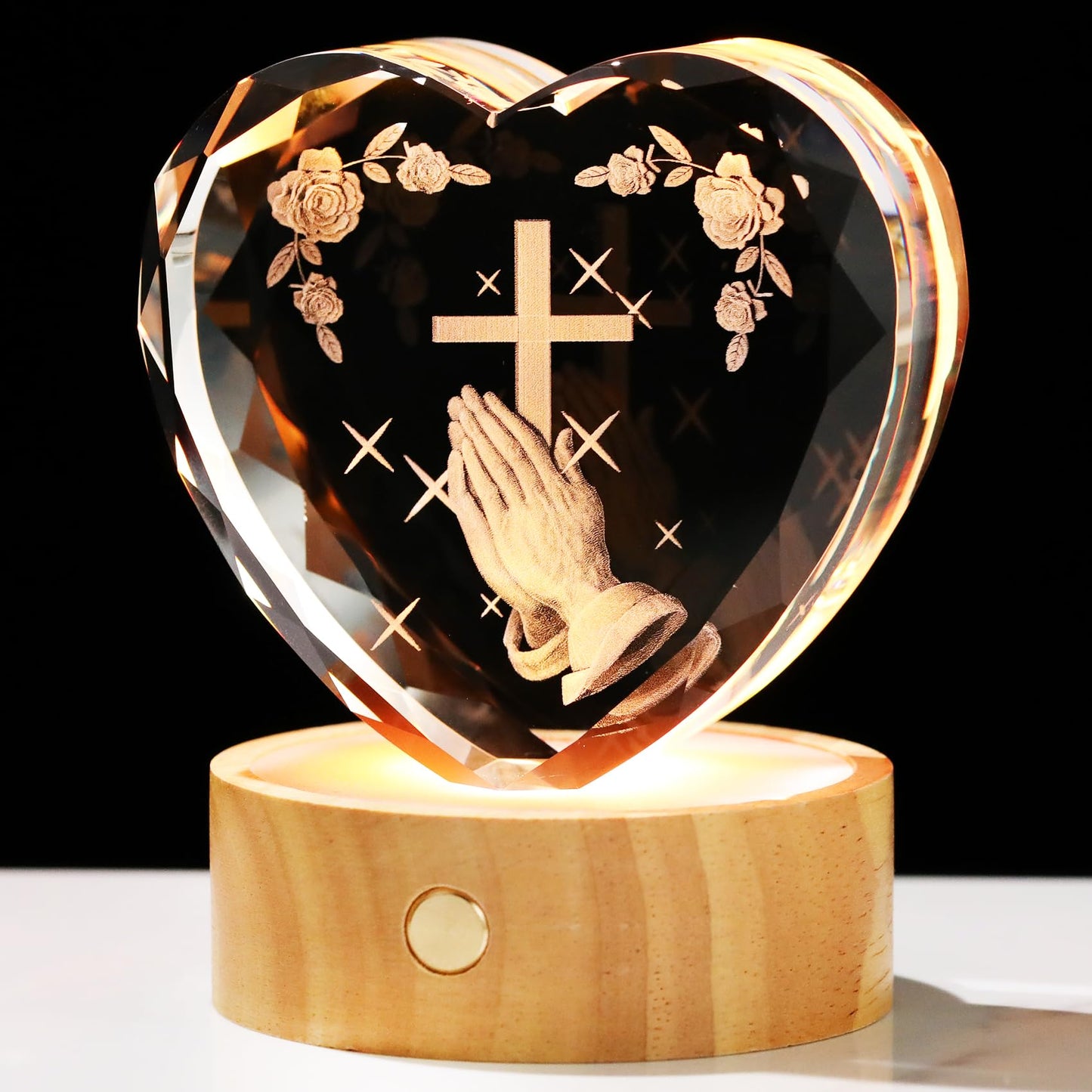 3D Cross with Praying Hands Crystal Heart Religious Gifts for Women Men - Glass Christian Gift Idea for Room with Wooden Light Base, Collectible Night Light for Catholic on Easter Home Decor