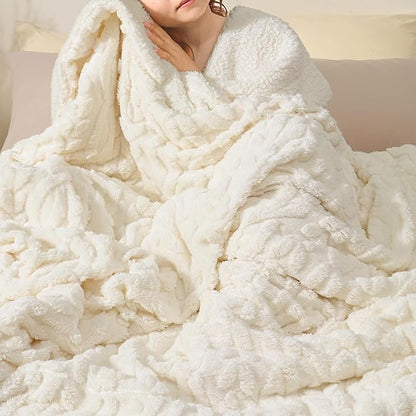 PHF Fluffy Sherpa Blanket Queen Size for Winter, Warm and Soft, 510GSM 3D Jacquard Thick Shaggy Fleece Plush Blanket for Sofa Bed, Cream, 90"x90"