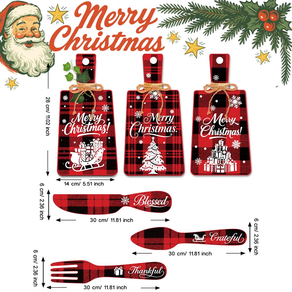 PH PandaHall 6pcs Christmas Wooden Sign, Red Plaid Christmas Kitchen Eat Sign Decorations Wall Decor Eat Art Hanging Fork Spoon Dining Signs for Home Kitchen Dining Living Room Bar Cafe
